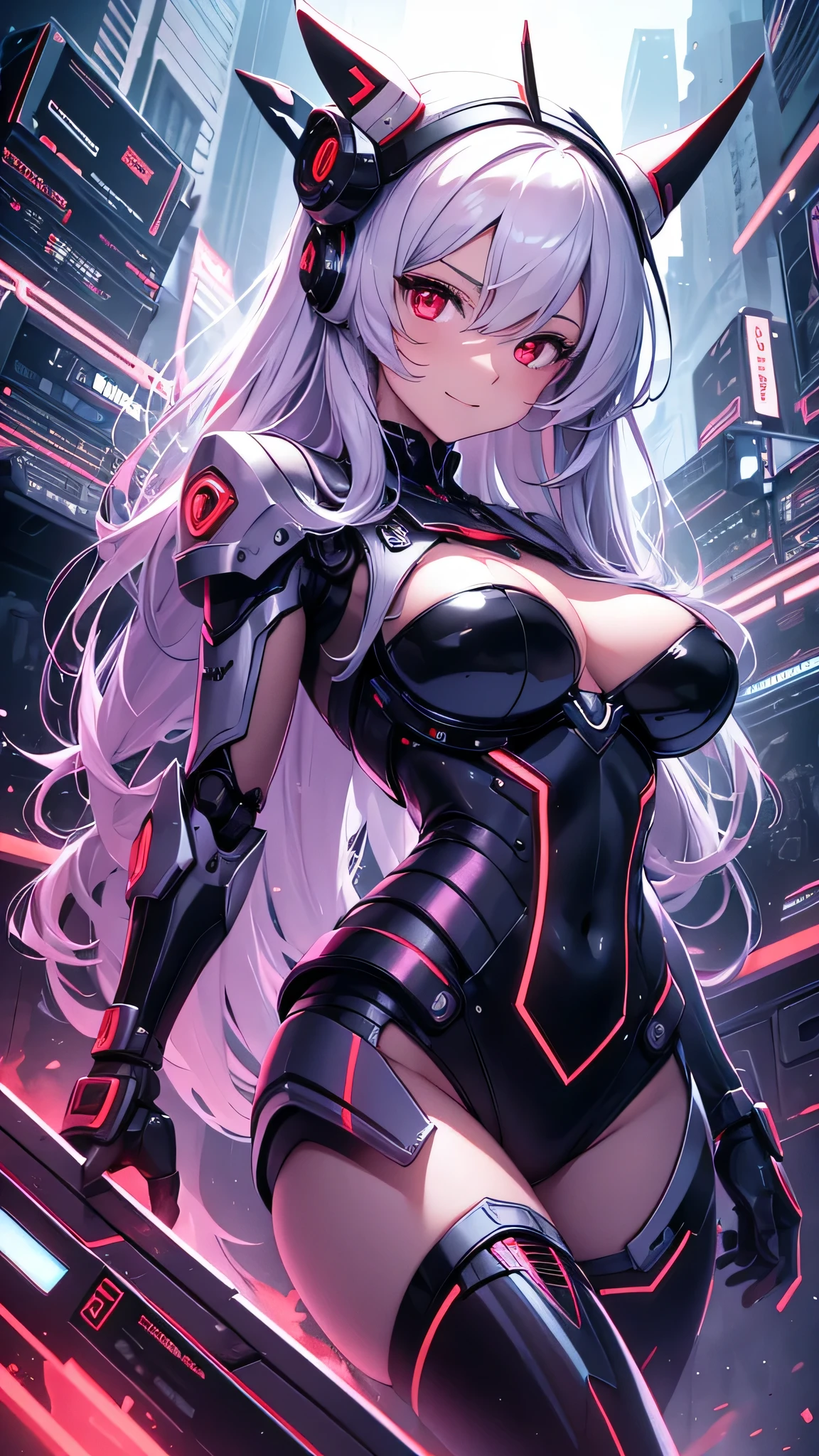 最high quality、best image quality、masterpiece、android girl((18-year-old、 By becoming、vest bust、medium bust,wide open breast tea、red glowing eyes, water hair、messy hair、long hair、thin,highest valley、white robot body、shining blue body、Close ~ eyes、All connected to cables、Show the whole body、robot arm、robot feet、villain、evil smile、Leaning forward)),high quality、beautiful art、background((dark bio facility、dark room、Infrared Sensor、red lighting))、Flight、debris flies、Depth of written boundary、movie、visual art、perfect art、8K,genuine、