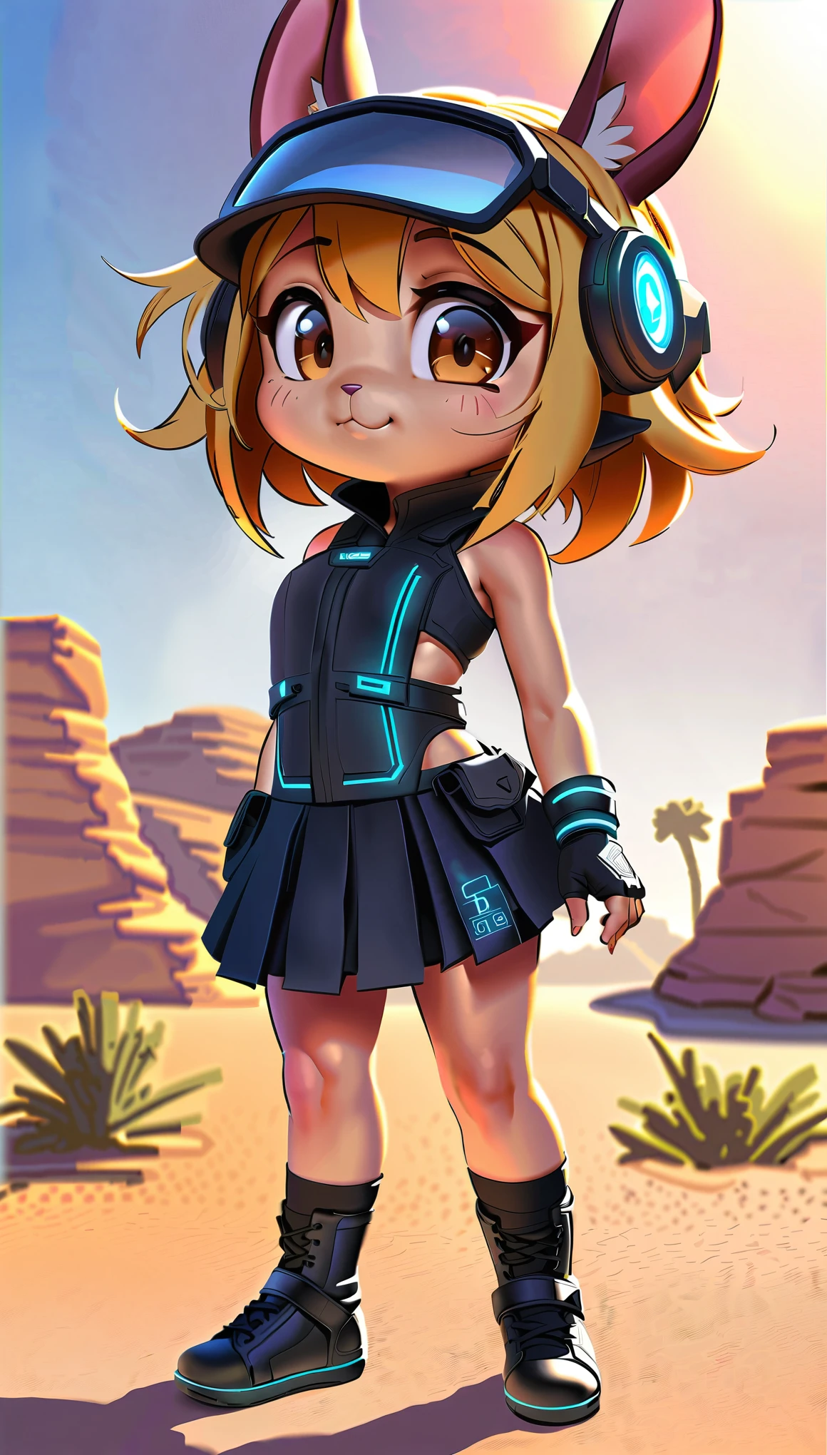 (highest quality, 4k, 8K, High resolution, masterpiece:1.2), Super detailed, Close-up of science fiction with a furry woman wearing a helmet, ((desert oasis, rich light changes)), Very complex and detailed expression, Fusion of ancient ruins and science fiction, Rabbit girl, cyberpunk fashion, high contrast, (((Expressing Chibi Kawaii:1.2))).