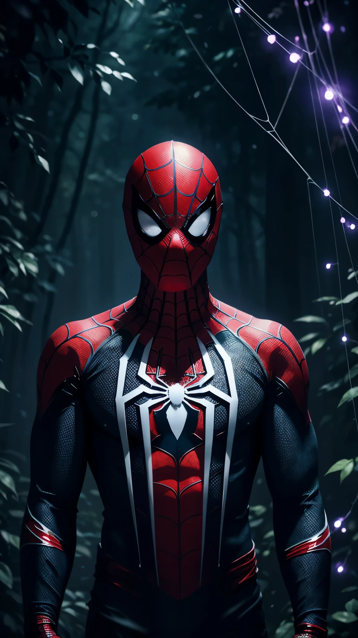 dramatic dynamic portrait of Spider-Man covered in intricate floral bioluminescent spiderweb filigree, misty fantasy forest environment, bokeh ✨, wearing spider suit, spider mask, no hair,