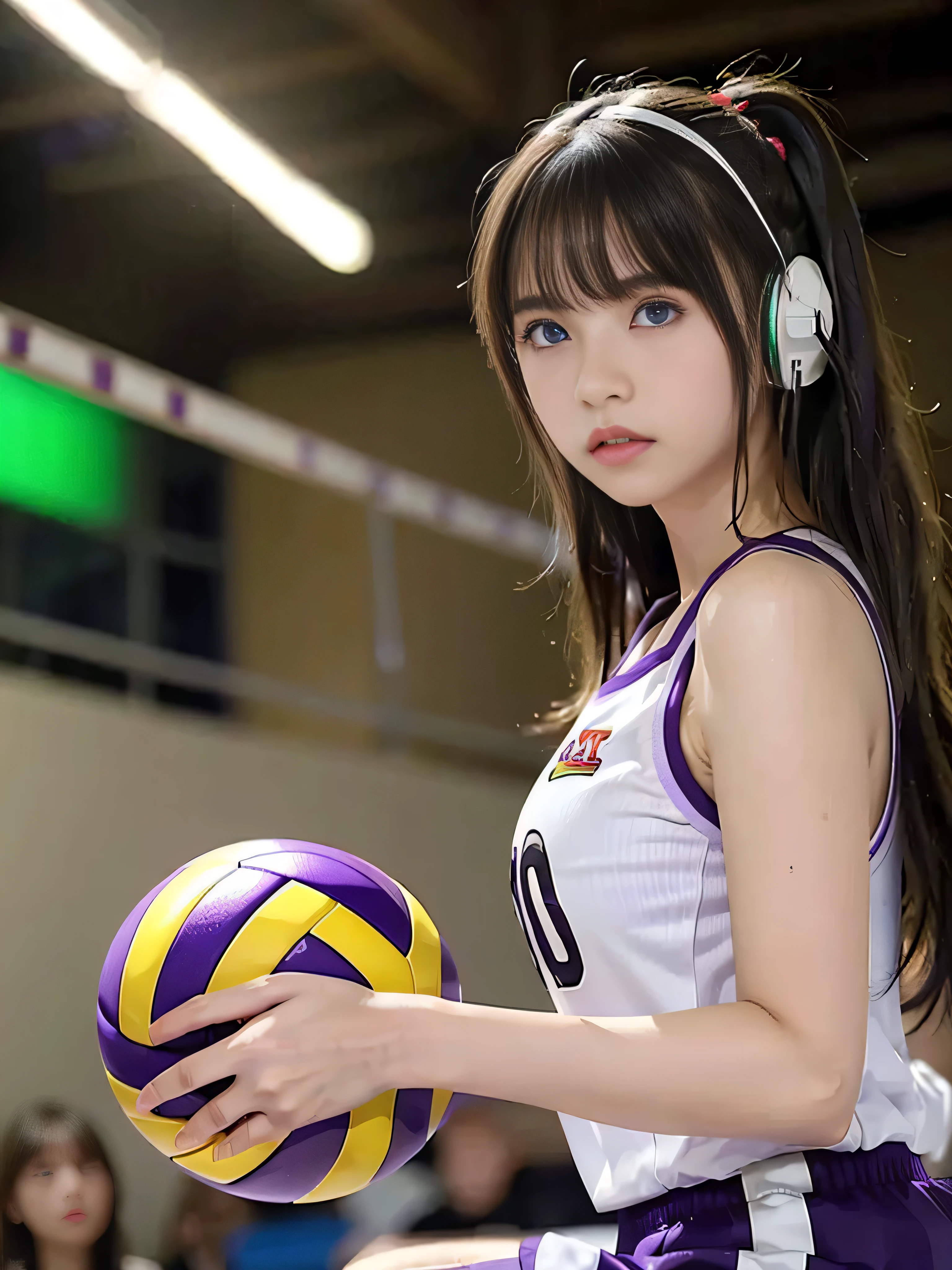 highest quality、masterpiece、ultra high resolution、(photorealistic:1.4)、Raw photo、1 girl、Glossy skin、headset、((Super realistic details))、Portrait、global illumination、shadow area、octane rendering、8K、ultra sharp、((delicate body shape))、Hair ornament of the future、(Red and white uniforms of volleyball team:1.3)、((huge boobs:1.4))、(tanned skin:1.4)、very intricate details、realistic light、metal shine、CGSoation trends、(purple eyes:1.4)、(shining eyes)、facing the camera、neon details、Sitting holding a volleyball、Cyberpunk background、small led lamp、(purple and green lighting from behind)、