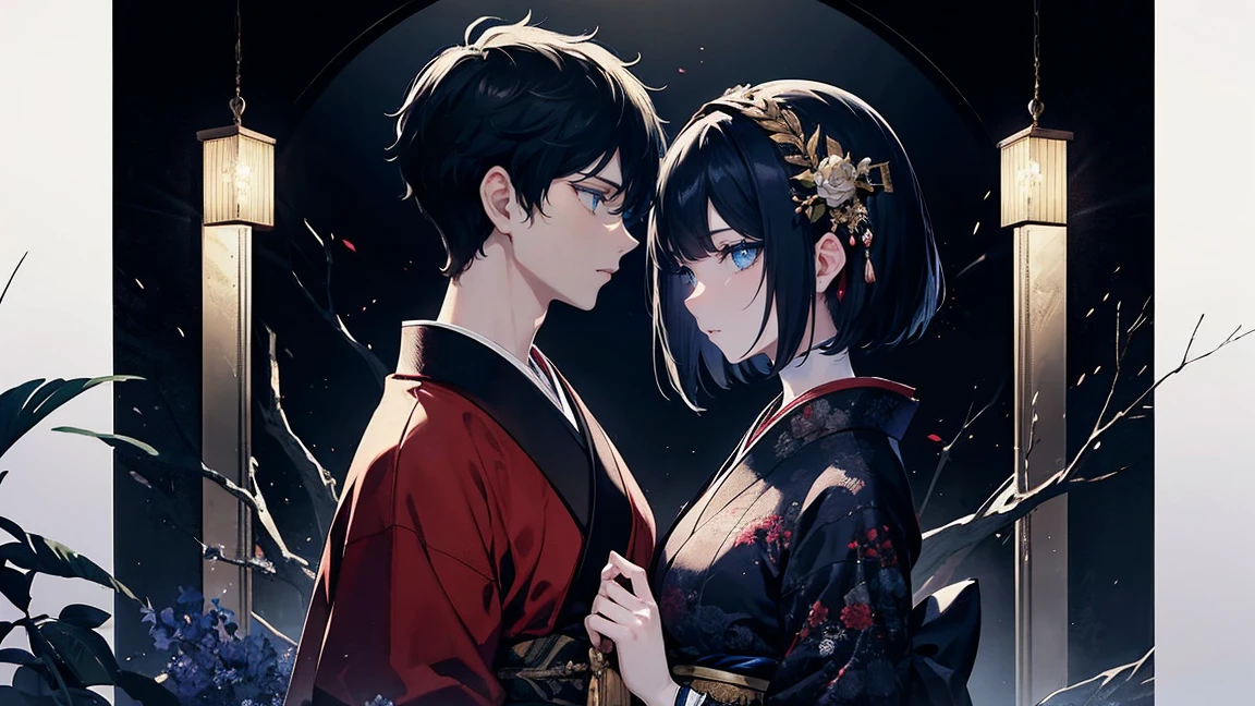 The scene depicts a stunningly detailed masterpiece, featuring a beautiful girl with black and navy hair, exquisitely sculpted facial features, blue eyes, and porcelain skin, adorned in a traditional Japanese kimono. Her eyes gleam in the darkened environment of the night, enveloped in an ethereal light reminiscent of a fresco painting, as she locks eyes with a short-haired boy with red eyes, also with black hair, in a side profile shot, amidst the forest.