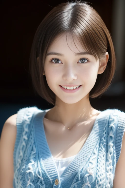 (light blue sleeveless cardigan),(white tank top), Lens 135mm f1.8, (highest quality),(Raw photo), (table top:1.1), (beautiful 14 year old japanese girl), cute face, (deeply carved face:0.7), (freckles:0.6), dappled sunlight, dramatic lighting、(Pink floral shorts),(beautiful thighs),pixie cut, (smile),(sparkling eyes)、(from