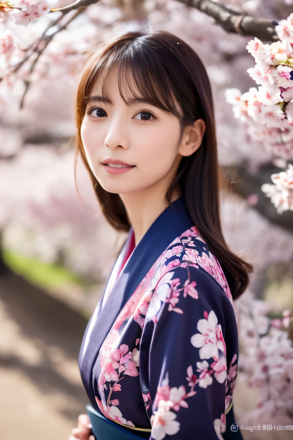 (masterpiece), High quality, 8K, High resolution, Skinny Japanese woman, 30 years old, Cute face:2, detailed face, detailed eyes, standing under cherry blossom trees, cascade of falling cherry blossoms, Japanese kimono