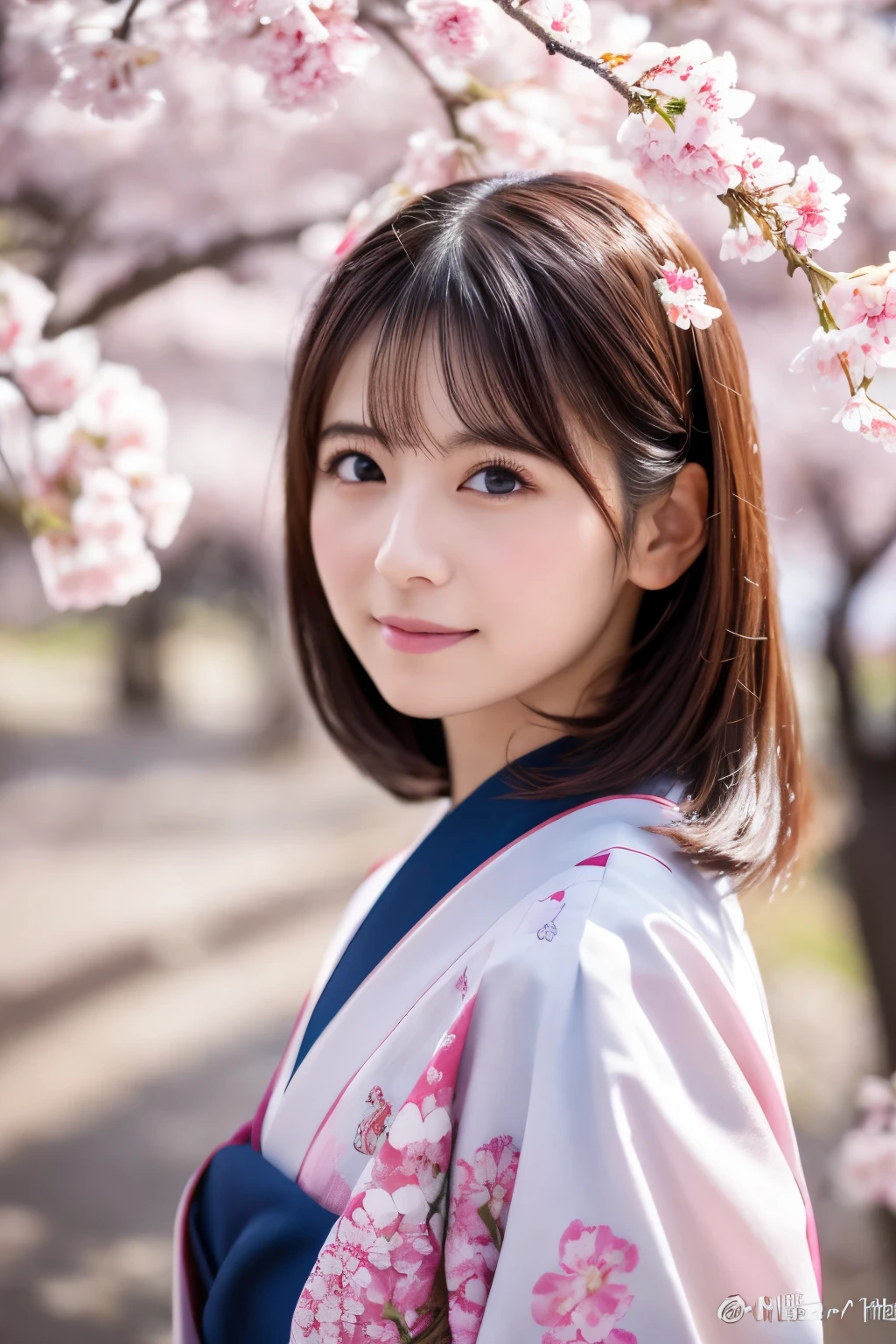 (masterpiece), High quality, 8K, High resolution, Skinny Japanese woman, 30 years old, Cute face:2, detailed face, detailed eyes, standing under cherry blossom trees, cascade of falling cherry blossoms, Japanese kimono