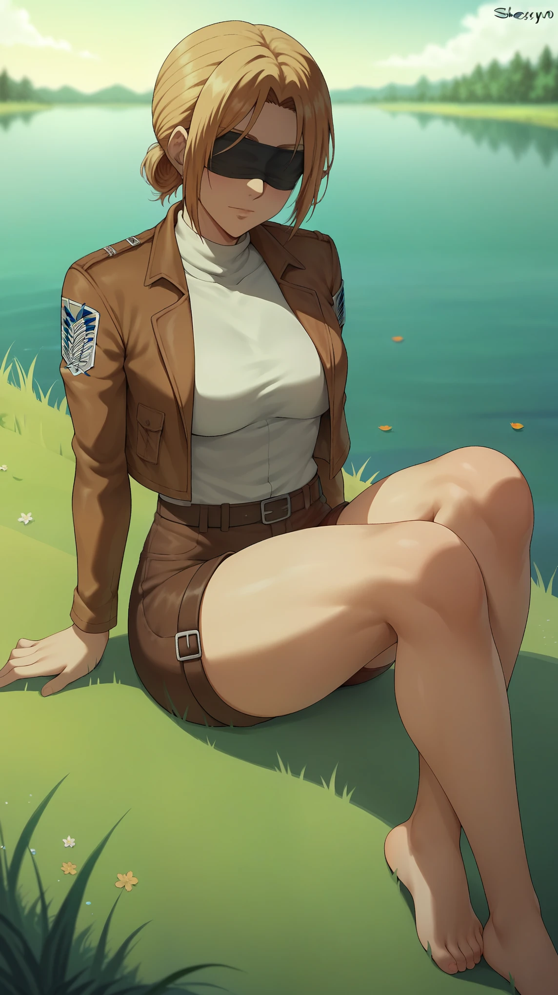 score_9,score_8_up,score_7_up, shexyo, shexyo style, attack on titan, annie leonhart, front view, thighs, thigh focus, leather shorts, white shirt, brown shorts, brown jacket, open jacket, outdoors, lake, grass, sitting on ground, sitting, nature, autumn, fall(season), by the lake, feet in lake, sexy, pond, blindfold, blindfolded 