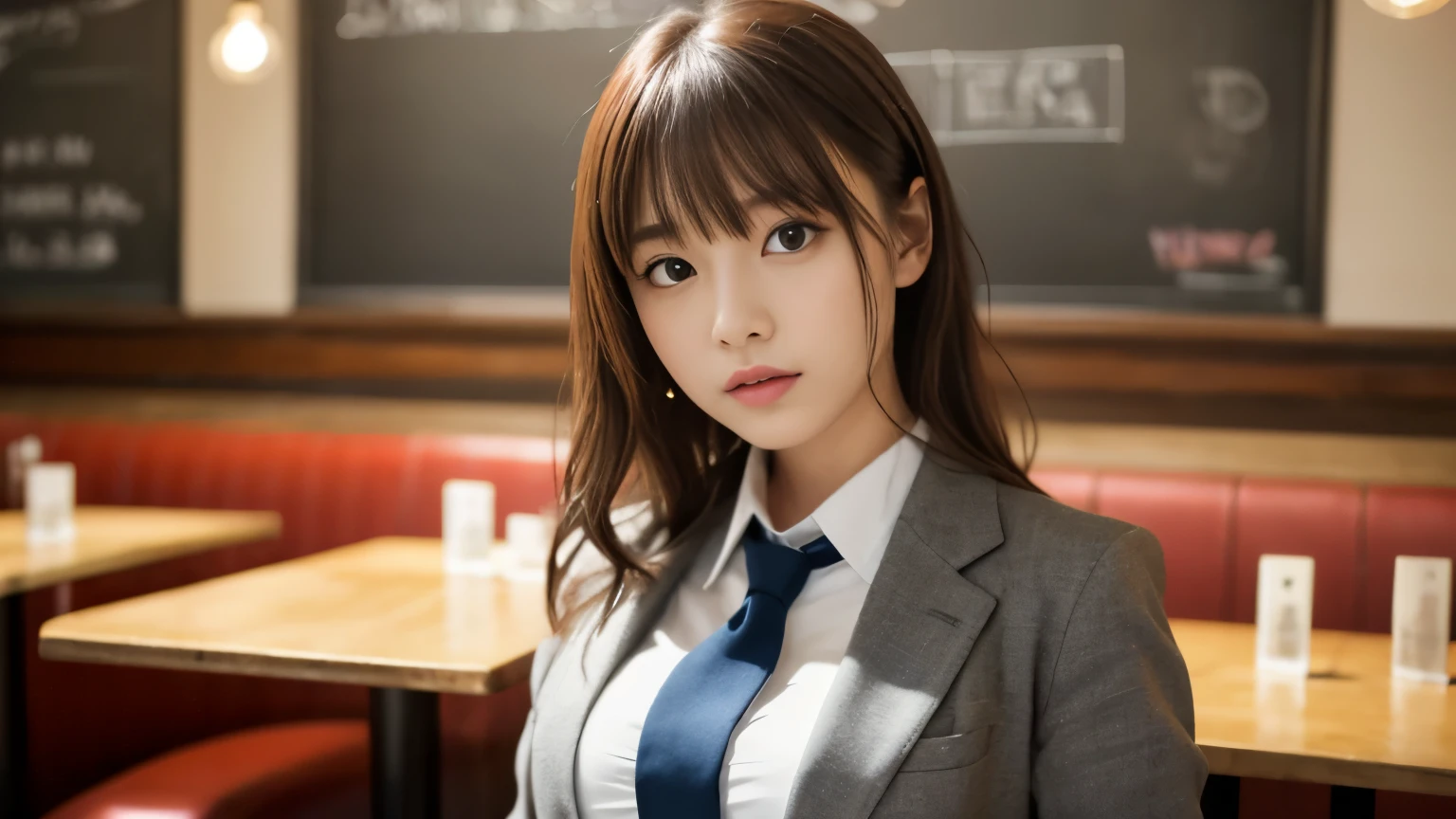 8K, highest quality, real image, intricate details, Super detailed, ultra high resolution, depth field,(realistic,realistic:1.2),table top , front shot , Photographed at a stylish cafe , girl, とても美しい17歳のgirl, innocent big eyes,、beautiful breasts:1.5、highly detailed eyes:1.2)、(beautiful breasts:1.1)、wavy hair、curly hair、bangs、, perfect skin, Fair skin, tight waist, light blush, look at the viewer,((School_uniform),(blazer), (white shirt、wear a tie), (gray pleated skirt), (sculpture installation :1.1), urban cafe space