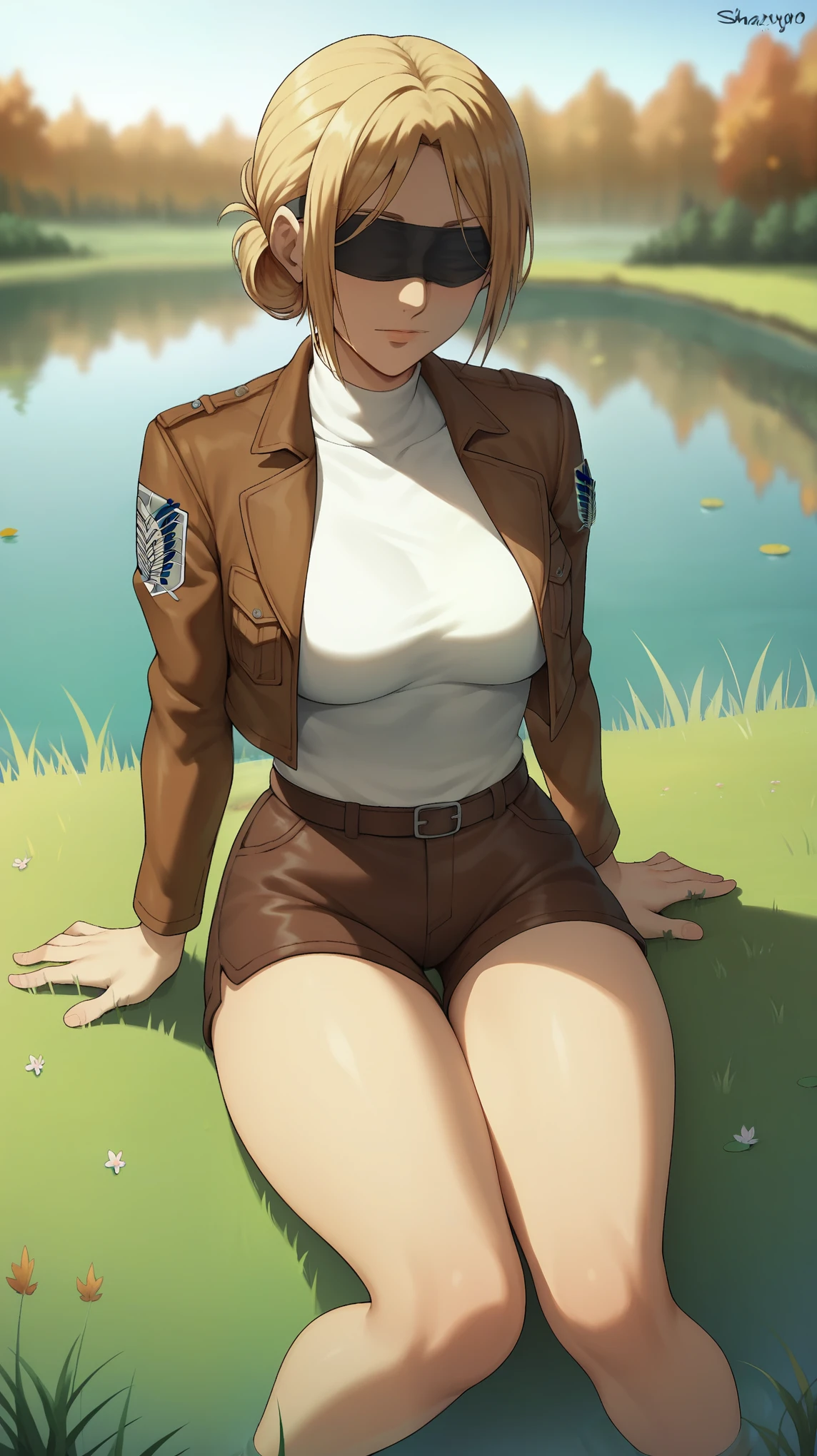 score_9,score_8_up,score_7_up, shexyo, shexyo style, attack on titan, annie leonhart, front view, thighs, thigh focus, leather shorts, white shirt, brown shorts, brown jacket, open jacket, outdoors, lake, grass, sitting on ground, sitting, nature, autumn, fall(season), by the lake, feet in lake, sexy, pond, blindfold, blindfolded