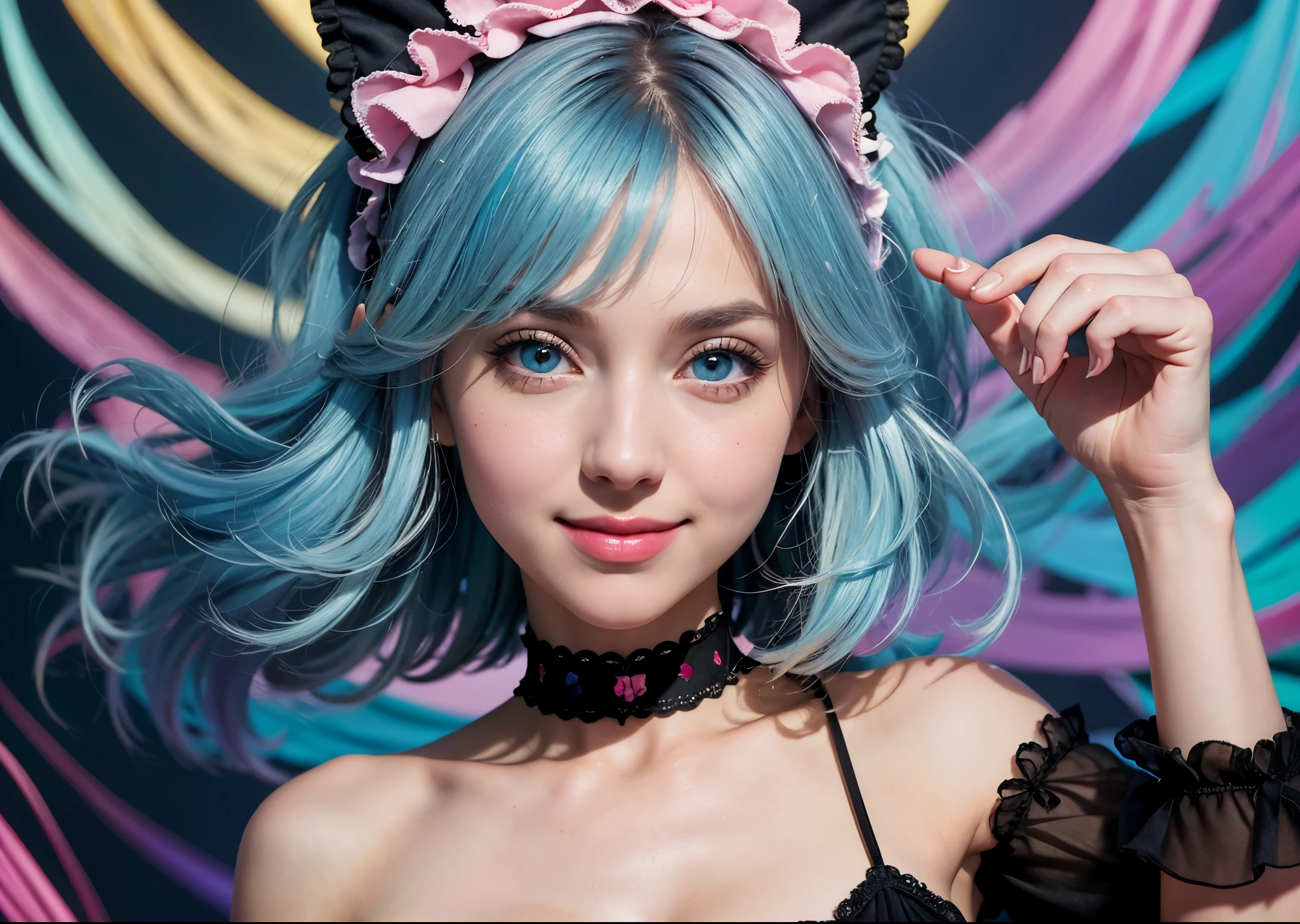Psychedelic world、lolita fashion、1 cute girl、smiling girl、Big eyes、small breasts、light blue hair、colorful gel background、Fractal background、perfect lighting、sharp focus、High resolution、High resolution、High color rendering、High resolution、Super realistic、realistic 