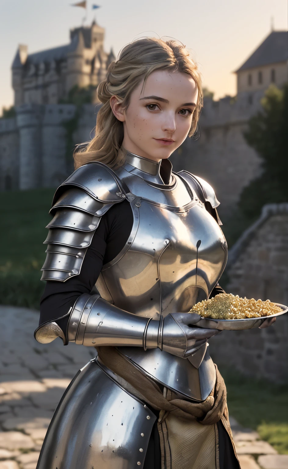 (chef-d'artwork), (extremely complex:1.3), (Realistic), portrait d'une jeune fille, le plus beau dans le monde, (medieval armor), metallic reflections, haut du corps, en plein air, soleil intense, distant castle, photographie professionnelle d'a beautiful detailed woman, sharpness, spectaculaire, prime, cinema lighting, unreal rendering engine'octane, dtx volumetry, (grain de film, blurred background, premier plan flou, Bokeh, profondeur de champ, coucher de soleil, flou de mouvement:1.3), cotte de mailles