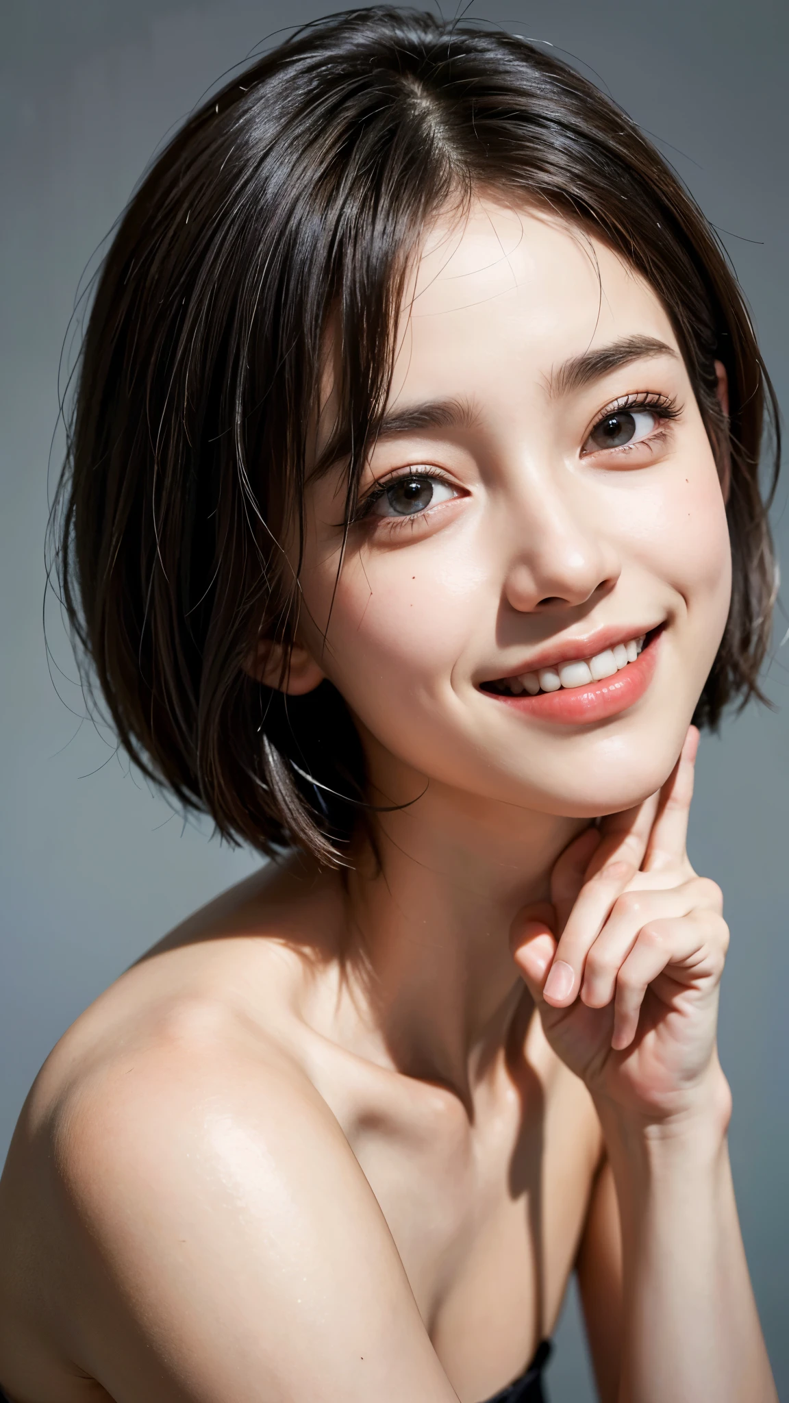 highest quality, masterpiece, ultra high resolution, (realistic:1.4), (portrait facing each other) Raw photo, 1 girl, 20-year-old,((sister)),((short hair)),((looking up at the viewer)),realistic,((Simple solid color background)), picture media chest)),((toothy smile)),