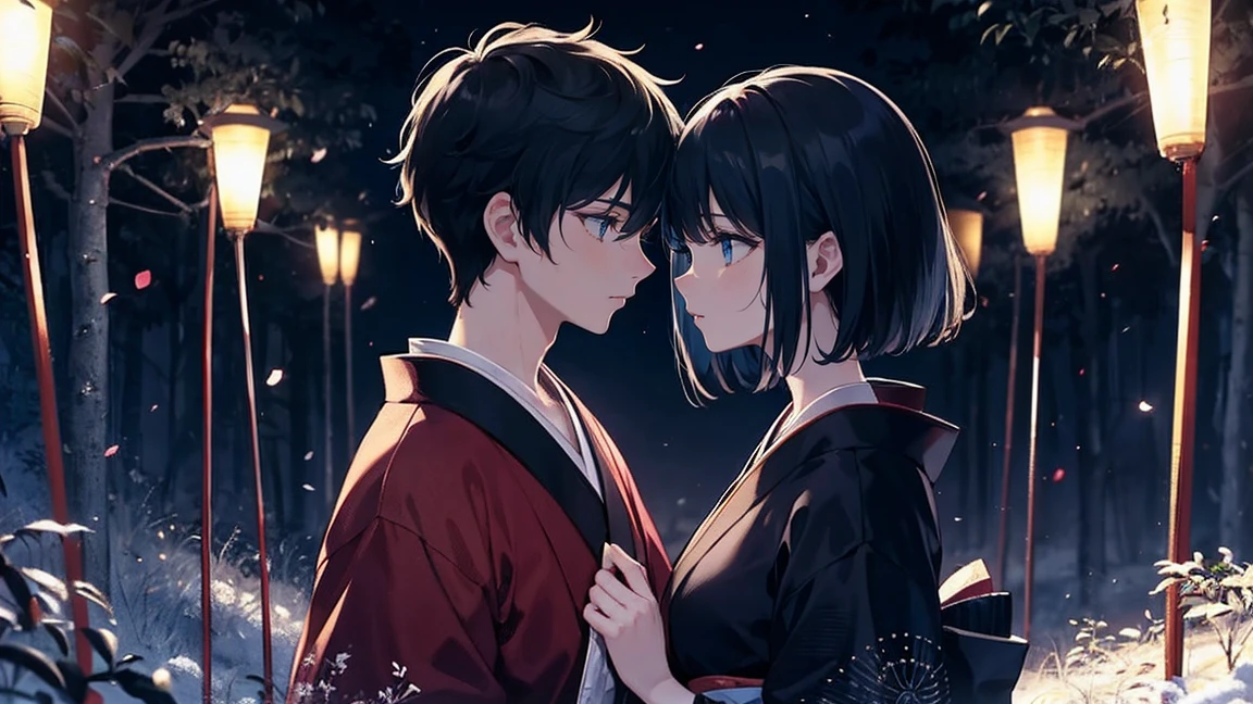 The scene captures a masterpiece of the highest quality, featuring a beautiful girl with black and navy hair, finely sculpted facial features, blue eyes, and fair skin, dressed in a traditional Japanese kimono. Her eyes sparkle in the darkness of the night, surrounded by an enchanting light reminiscent of a fresco painting, as she is on the verge of kissing a short-haired boy with red eyes, also with black hair, in a side profile shot amidst the forest.