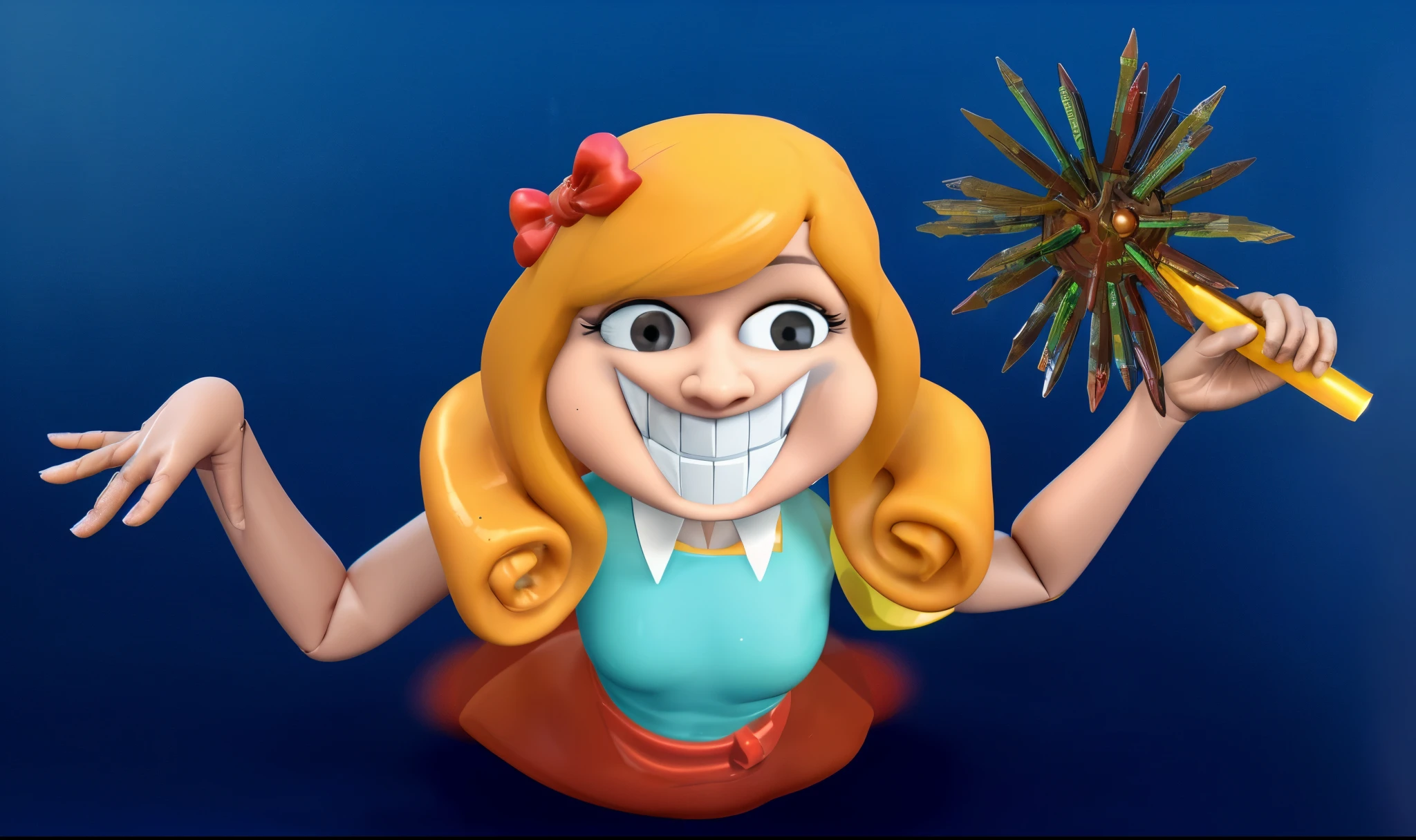 cartoon doll girl with a mace in her hand, doll, game character, videogame character, creepy doll, large creepy smile, doll with creepy smile and red eyes, insane, she ia holding death star mace in hand, doll toy, glossy texture, smooth 3d model, multiple light sources, rim light, sharp post effects render, (glossy plastic texture with multiple big light probe refractions), perfect cgi, smooth silhouette, high intensity refraction, (super glossy material), most beautiful vfx, blue background, plastic refractions, realistic, 4k, high resolution, rim light, she is flying, she is laying on the floor