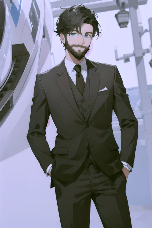 man, beard, sky blue eyes, suit, simple background, short hair, black hair, smile