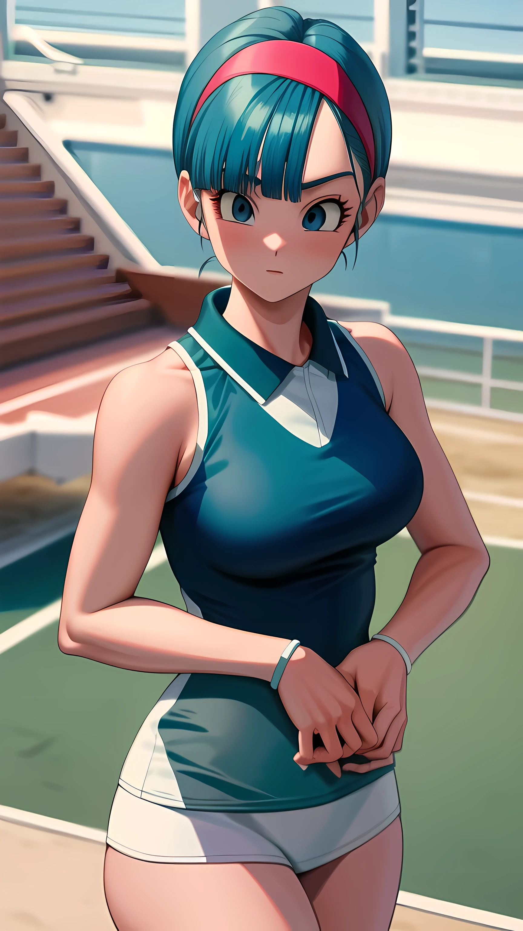 masterpiece, (sexy tennis player outfit), best quality, (blue hair), highres, dragon ball, blmmid, aqua hair, medium hair, blunt bangs, red hair band, huge breasts, at the beach,(tennis court)