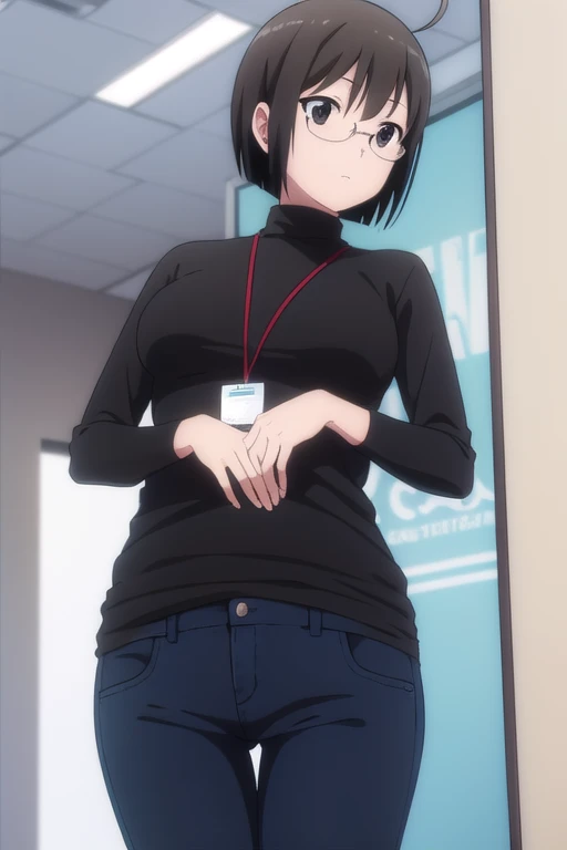 lucyyamagami, lucy yamagami, short hair, black hair, (black eyes:1.5), ahoge, glasses,
BREAK pants, sweater, turtleneck, id card, lanyard,
BREAK indoors, office,
BREAK looking at viewer, (cowboy shot:1.5),
BREAK (masterpiece:1.2), best quality, high resolution, unity 8k wallpaper, (illustration:0.8), (beautiful detailed eyes:1.6), extremely detailed face, perfect lighting, extremely detailed CG, (perfect hands, perfect anatomy),