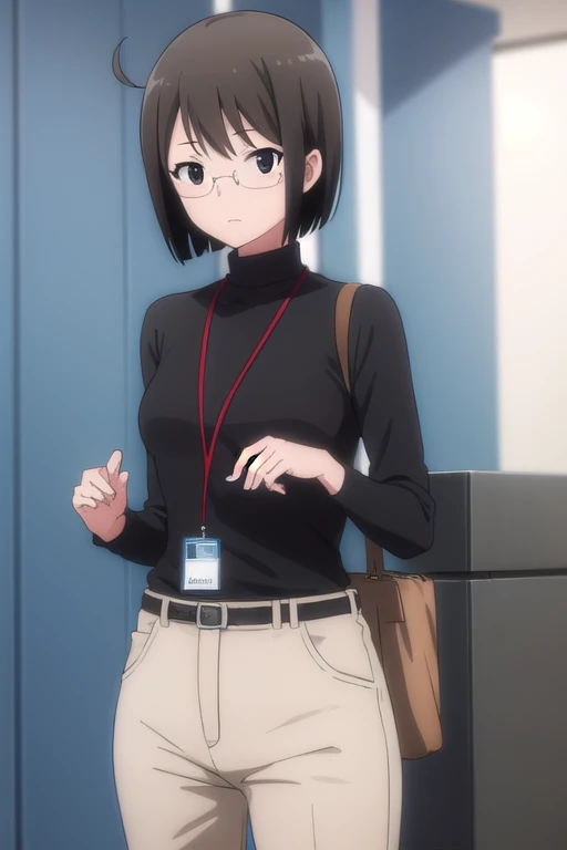 lucyyamagami, lucy yamagami, short hair, black hair, (black eyes:1.5), ahoge, glasses,
BREAK pants, sweater, turtleneck, id card, lanyard,
BREAK indoors, office,
BREAK looking at viewer, (cowboy shot:1.5),
BREAK (masterpiece:1.2), best quality, high resolution, unity 8k wallpaper, (illustration:0.8), (beautiful detailed eyes:1.6), extremely detailed face, perfect lighting, extremely detailed CG, (perfect hands, perfect anatomy),