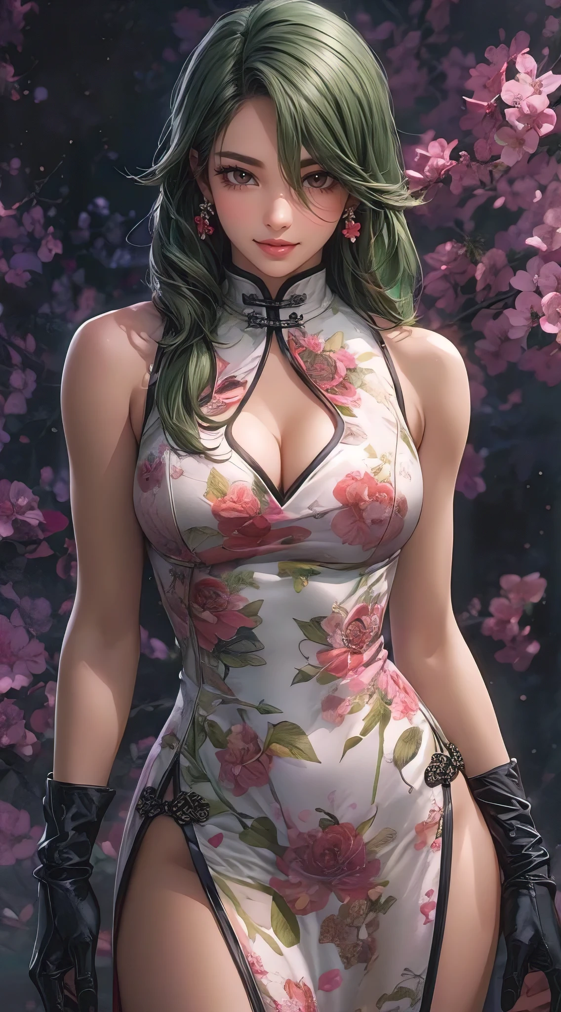 illustration by artgerm,ayami kojima,attractive woman,perfect body,hyperfeminine curves,floral body hugging cheongsam,cute and playful,vibrant,emotive expressions,(best quality,4k,8k,highres,masterpiece:1.2),ultra-detailed,(realistic,photorealistic,photo-realistic:1.37),HDR,UHD,studio lighting,physically-based rendering,extreme detail description,professional,vivid colors,portraits,colorful lighting