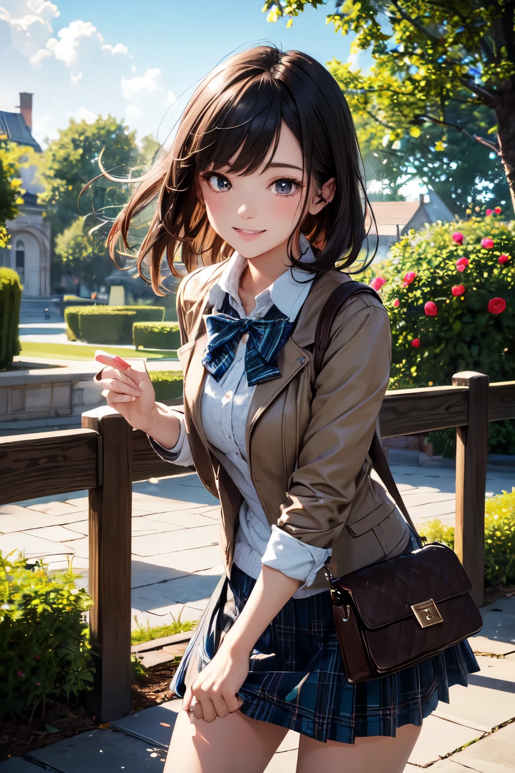 very cute and beautiful girl,(highly detailed beautiful face and eyes),(smile),happy,cowboy shot, (brown jacket:1.12),collared shirt,plaid bowtie BREAK detailed legs,zettai ryouiki,brown shoulder bag,brown boots, stylish pose,dynamic angle,hair ornament,black hair,(blue plaid mini skirt:1.2),rose garden,stone pathway,wooden arbor,fence, (best quality,masterpiece:1.0),absurdres,highres,ultra-detailed,extremely detailed,32k,8k resolution, intricate details,cinematic scene,detailed background,solo,dynamic angle, solo,natural lighting,hair fluttering in the wind,beautiful detailed sky,