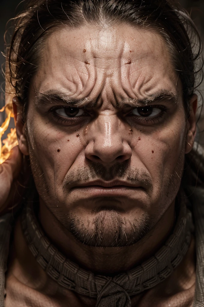 The facial expressions of an angry god might include furrowed brows, narrowed eyes emitting intense glares, a tightened jaw, flared nostrils, and possibly a menacing scowl or grimace, conveying a sense of wrath and power.