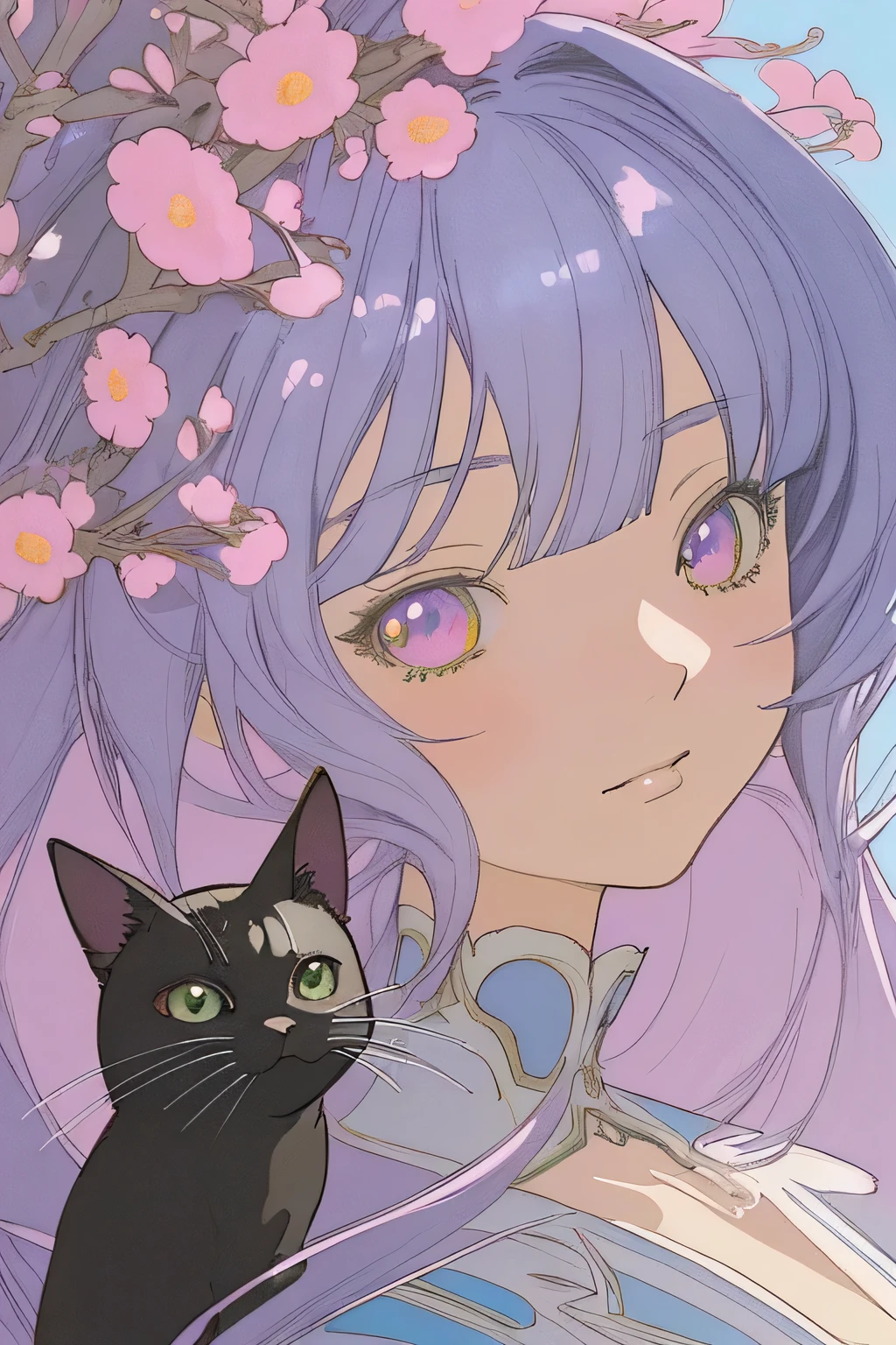 Close up portrait of a person wearing a dress with flowers, Great anime, beautiful anime art, beautiful anime artwork, detailed anime artワーク, detailed anime art, Clean and meticulous anime art, wearing a dress, beautiful fantasy anime, Detailed anime original drawing, anime illustration, beautiful anime, pixiv style, Black Cat Girl, Anime Barbie, anime fantasy illustration