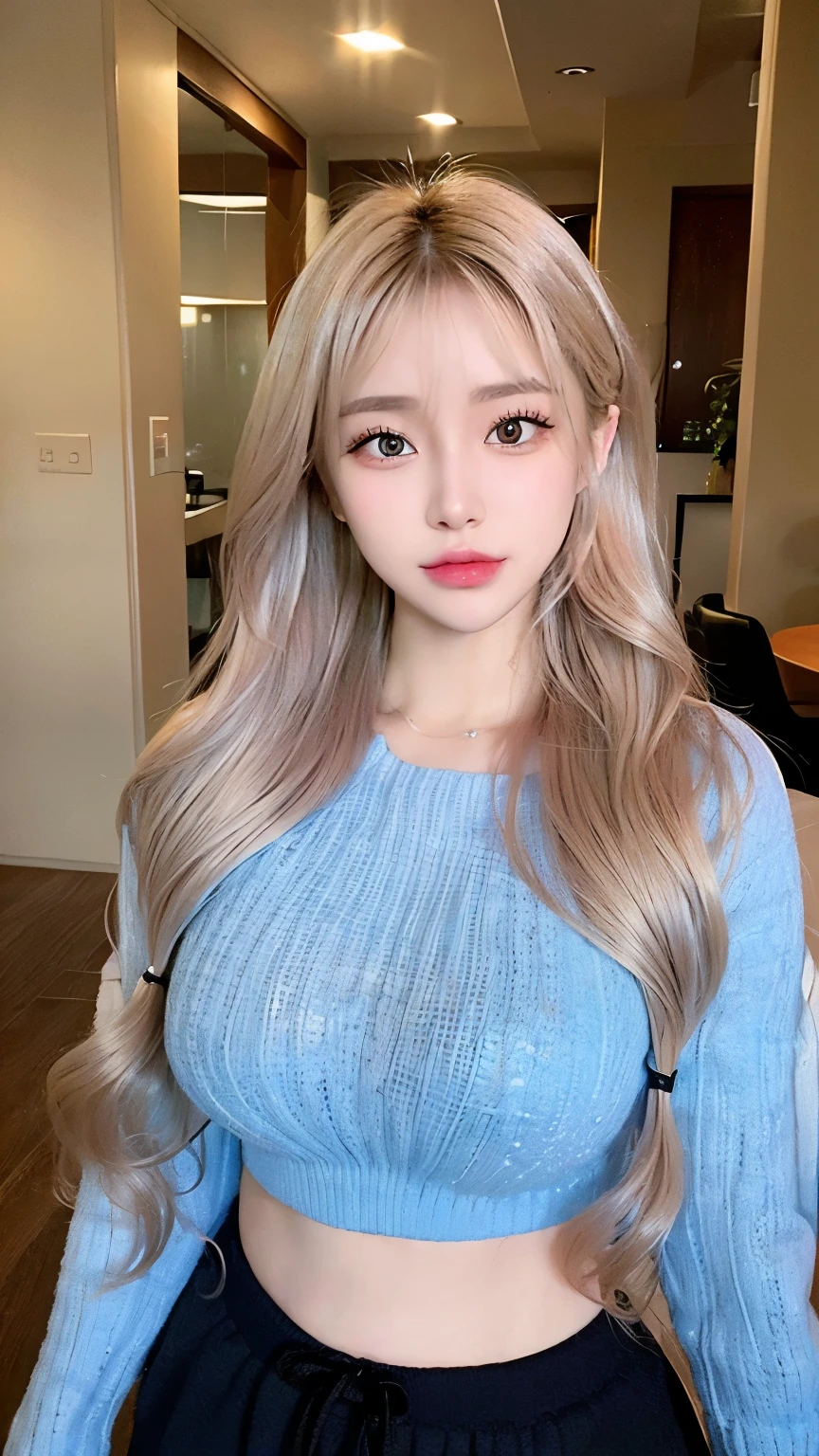 (((Realistic beutifle girl, with realistic body, C cup , blond hairs ))), (((Top Quality, 8k, Masterpiece: 1.3))), ((wearing a blue crop top sweater and black suit pants)) ,realistic eyes,white korean, more european face, 1 Girl, not much makeup, natural lips,Beauty with Extreme but realistic Beauty, Ultimate Beauty, Erotic, Beauty , Slim Abs: 1.3, (Casual Hairstyle, Super Big: 1.2),1.2, Ultra Detail Face, Delicate Eyes, Double Eyelids, ((Best Quality, 8K, Masterpiece: 1.3)), 1 Girl, (Casual Hairstyle,1.2),((interior)), named lucy, young , fit teen1, cleavage, ultra-fine face, Fine eyes, Double eyelids, Shame: 2,pureerosface_v1, ulzzang-6500-v1.1,