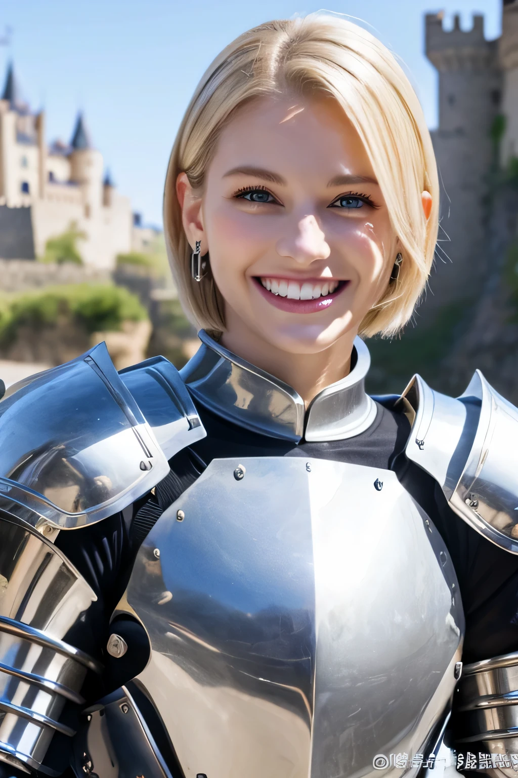 8K、highest quality、female knight、The background is a castle、Luxurious Silver Armor、heavy equipment、hairstyle short cut、smile、beautiful teeth、full body photo、ear piercing、white woman、blonde、blue eyes、Gummy Smile
