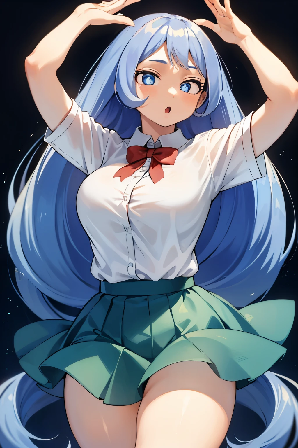 Nejire Hado, 1 girl, alone, long hair, chest, looking at the viewer, open your mouth, blue eyes, skirt, large chest, simple background, shirt, white background, blue hair, white shirt, short sleeve, thighs, collared shirt, raise your arms, thick thighs, green skirt, arm behind head,