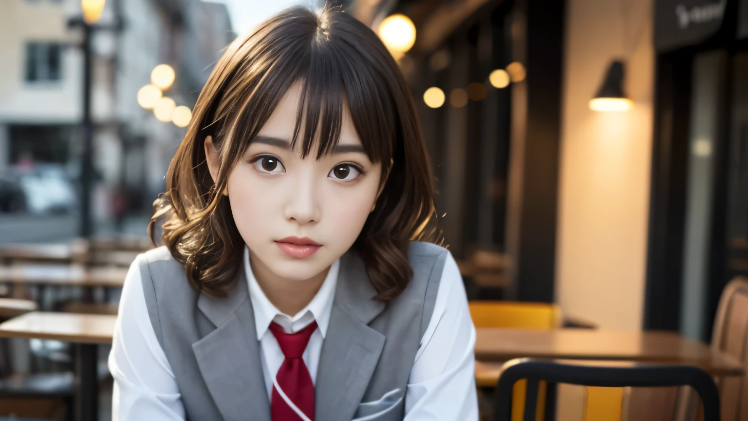 8K, highest quality, real image, intricate details, Super detailed, ultra high resolution, depth field,(realistic,realistic:1.2),table top , front shot , Photographed at a stylish cafe , girl, とても美しい17歳のgirl, innocent big eyes,、beautiful breasts:1.5、highly detailed eyes:1.2)、wavy hair、curly hair、bangs、, perfect skin, Fair skin, tight waist, light blush, look at the viewer,((School_uniform),(blazer), (white shirt、wear a tie), (gray pleated skirt), (sculpture installation :1.1), urban cafe space, A busy store