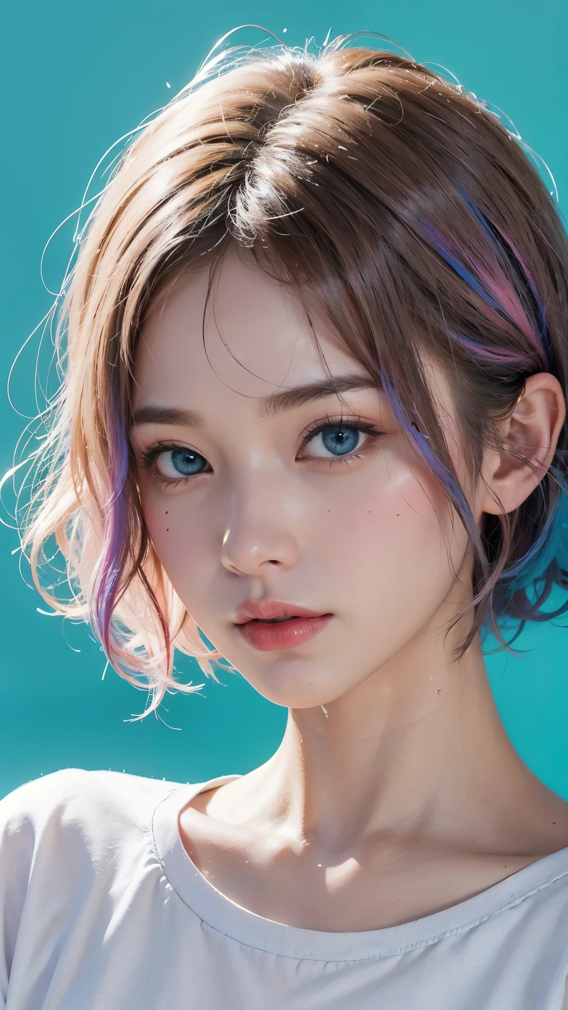 （masterpiece、best quality、high resolution），（Colorful background，（splash of conk splatter，splash of color）），Sweet girl，light blueshort hair，short hair，[light blue|pink]hair，curls，blue eyes，flash，pink lips，（Splash color，（white shirt），front，Whole BodyEsbian:0.6，Volumetric lighting，splash of color，Color explosion，Surrounded by colorful splashes