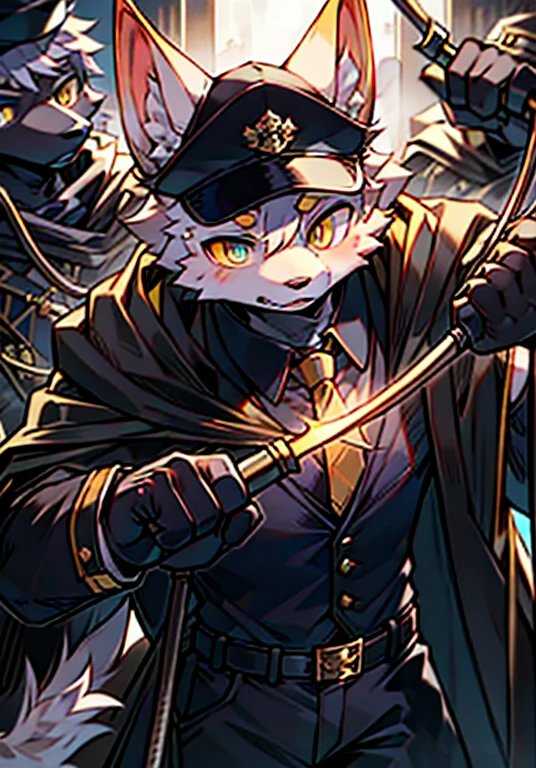 best quality，Delicate painting style，Exquisite hook line，delicate skin，fine hair，slender hands，exquisite eyes，normal eyes，White dog ears，hairy，yellow eyes，Handsome，cat style， blue pupils,,Different pupils， criminal department， mottled light and shadow, people，There is God&#39;Bright Eyes，white fur，black military uniform，black military cap，large hat，black cloak，black cloak，Holding a long leather whip in his hand，black gloves，black leather gloves，attack，cold，strongly，cold，ruthless，wearing black tie