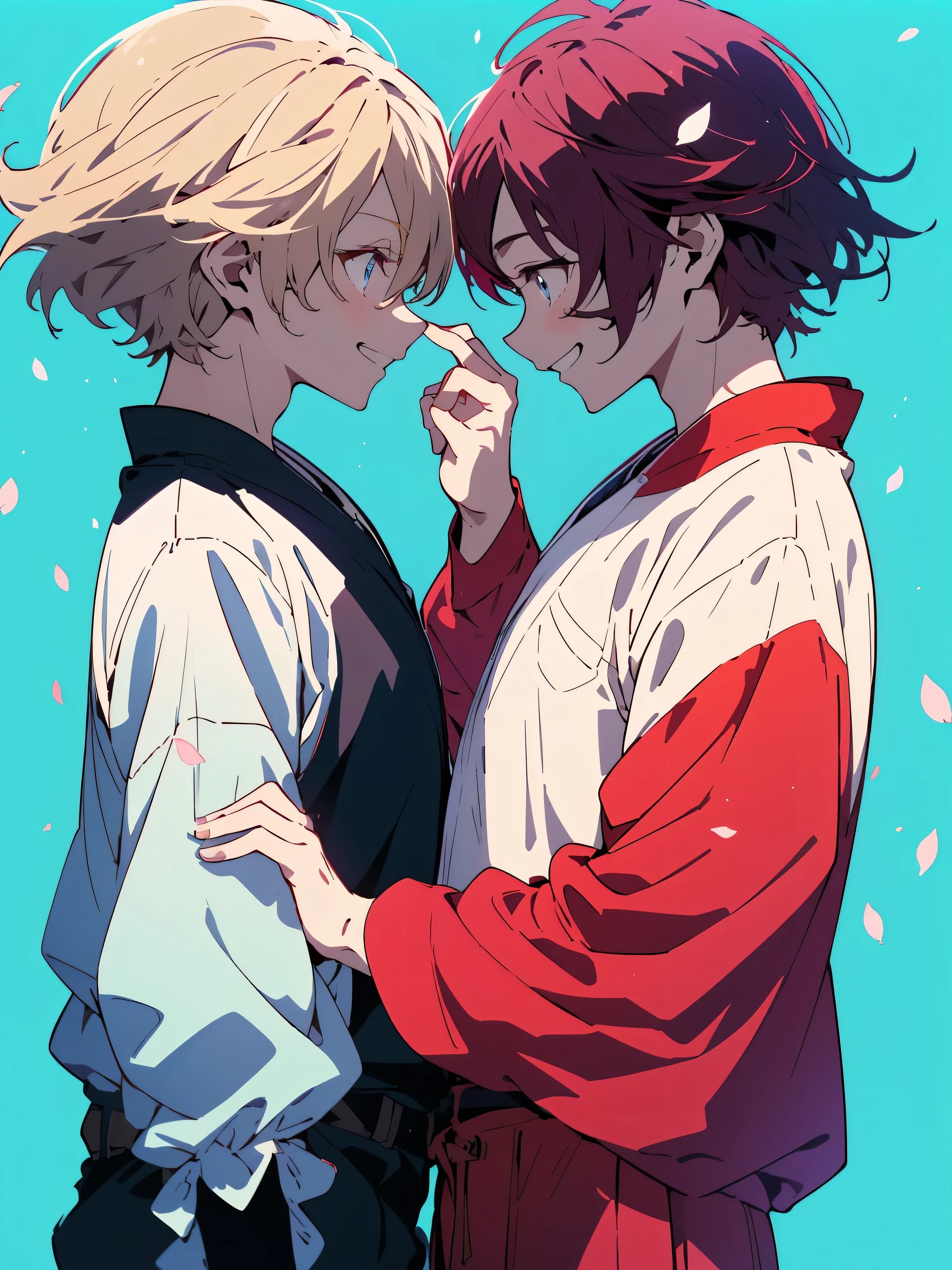 (highest quality、masterpiece、High resolution、detailed),(Shining eyes、detailed beautiful face), (BL:1.9、boys love:1.7)、(two young boys:1.9、pink eyes:1.4、light blue eyes:1.4), (blonde:1.9)、(Dark Red Hair:1.9)、(profile、Facing each other:1.8)、(Colorful Men's Fashion:1.7),(detailed cute face、cool face), lighting,bust shot,very detailed、 8K wallpaper,(inner color:1.7)、(Spring Men's Fashion:1.5),(shy smile:1.7),((flying petals)),(flowering meadow), (blue sky:1.3), (bright theme:1.3), light, (Simple Background 1.5,put one hand on each other's cheek:1.4),beautiful anime:1.4、dynamic angle