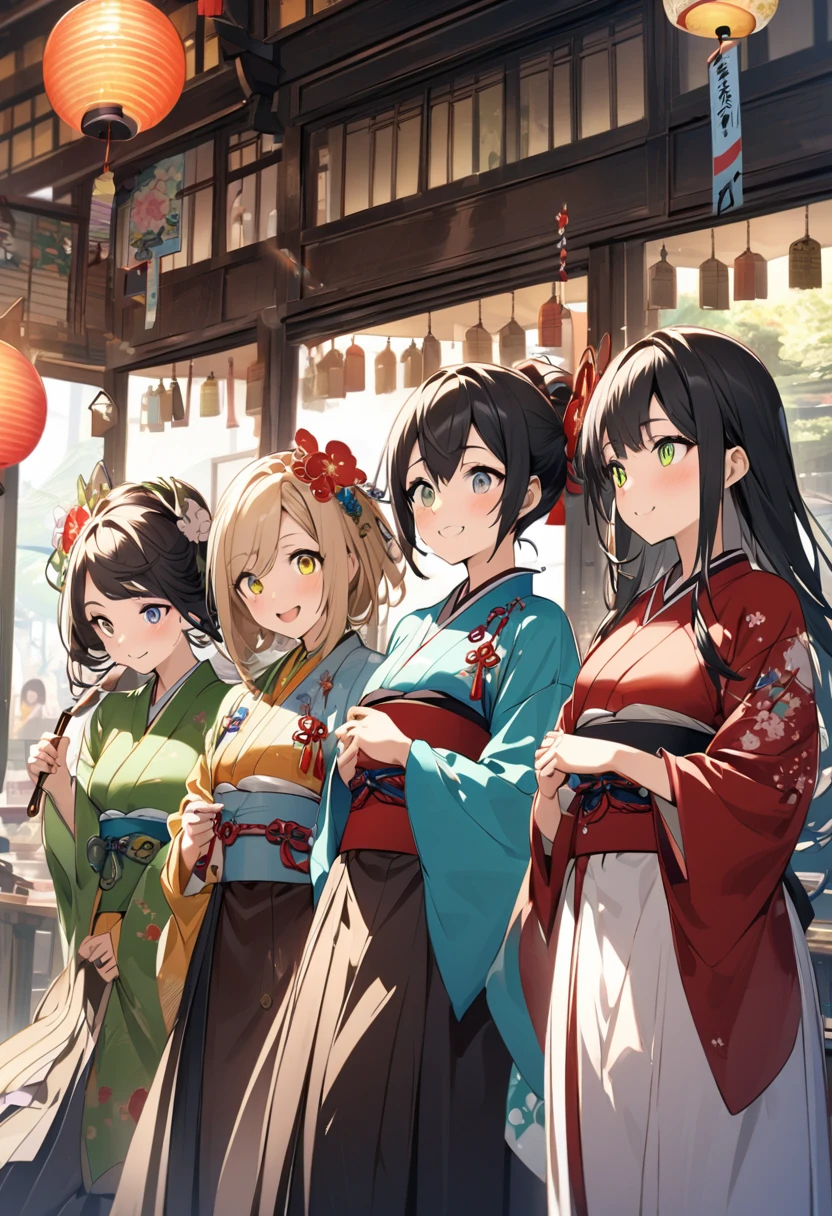 high detail、anatomically correct、Japanese style、three girls、Gradient colored eyes、state of the city、Take a break at a tea shop、smile、Full of wind chimes