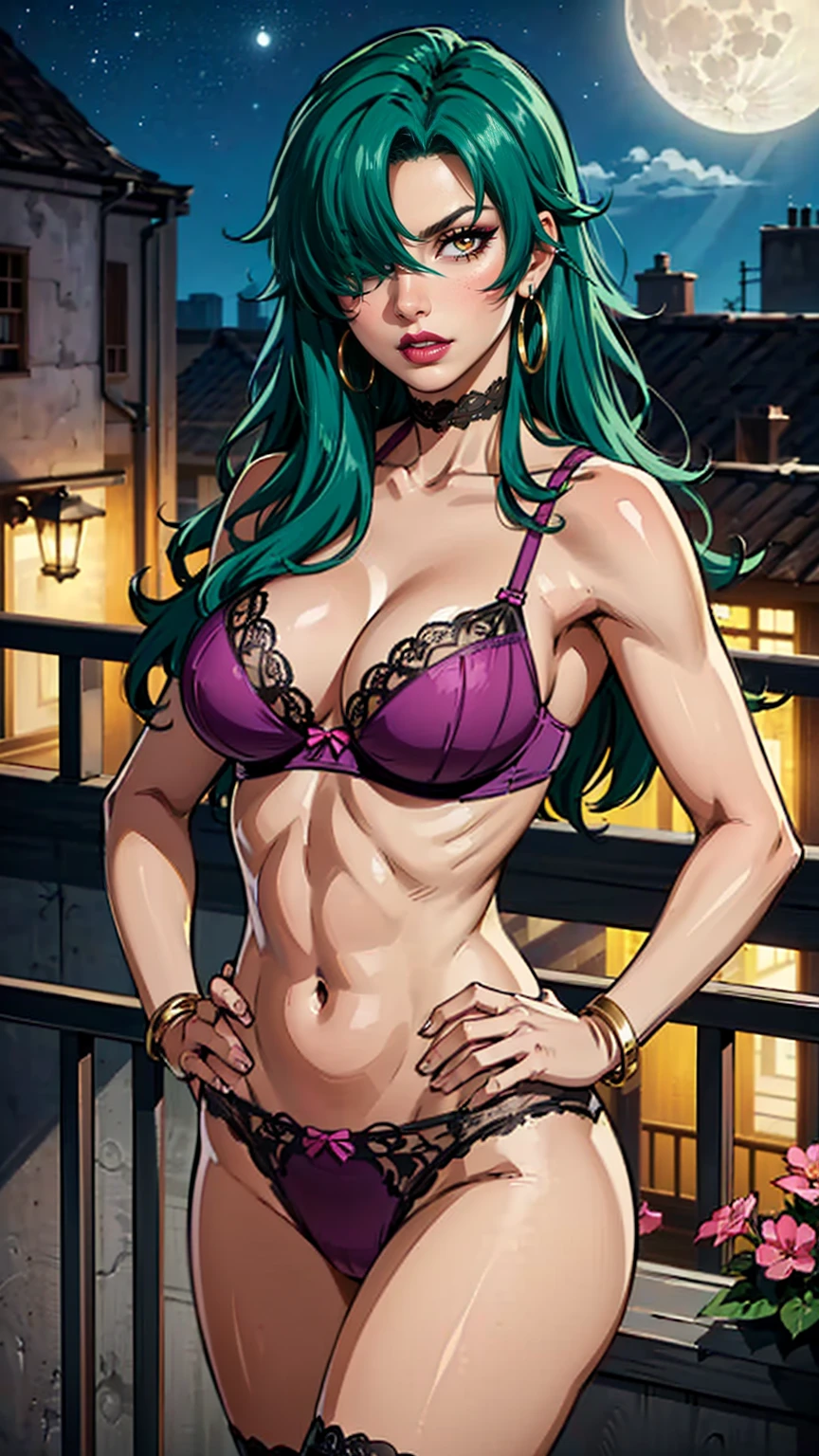 ((1girl, solo ,alone, long hair, green hair, yellow eyes, hair covering one eye, woman, (one hand on her hip) , dynamic pose, muscular female, gold bracelets, ruby earrings)), fitness, ((solo, (1woman, pink lipstick), Extremely detailed, ambient soft lighting, 4k, perfect eyes, a perfect face, perfect lighting, a 1girl)), (anime style image, woman in lingerie, posing on a balcony, seductive anime girl, beautiful seductive anime woman, sexy girl, fully clothed, revealing outfit, purple bra, violet panties, lace bra, lace panties, lace thong, a balcony building, night city, milky way, full moon, cosmopolitan)