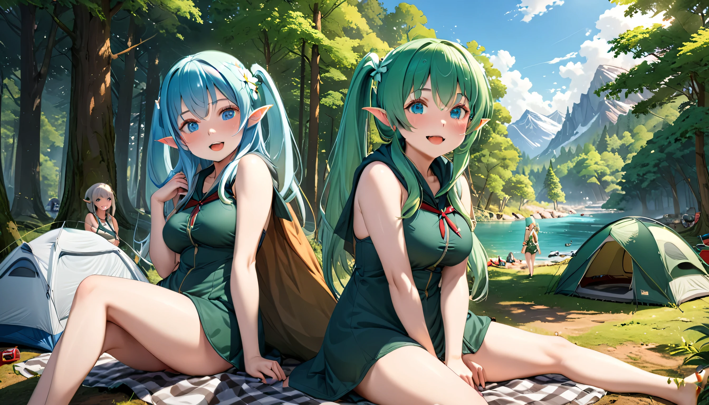 ((Masterpiece, highest quality)) , A beautiful elven girl, light blue hair,Hair style is twin tails, blue eyes,white skin, smile, fat  body type,breast, camping in nature, And multiple elven girls, light green hair, Wearing hunter-elf costume, looking at viewer, blush, smile, open mouth, bangs, hair between eyes, relaxing, outdoors, day, water, tree, tent, camping in nature