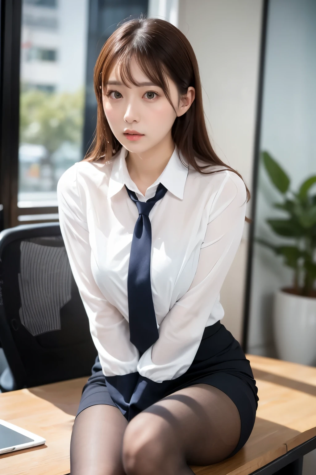 office girl,super realistic pantyhose:1.3, ulzzang-6500-v1.1, (Raw photo:1.2), (Photoreal), beautiful detailed girl, (genuine: 1.4), (muste piece), Puzzled, shame, shyness、
