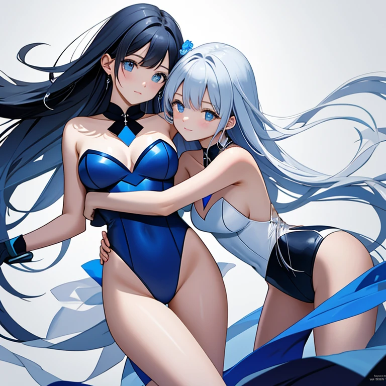 ((masterpiece、top-quality:1.5、a high chroma:1.5、ultra-detailliert、high-resolution illustrations:1.5、Ultra-high-definition CG、8k size wallpaper、offcial art))、(yuri),(2girls,twin sisters),(cute face:1.5)、(clear face:1.3),
(white-only color scheme:1.5), (blue-only color scheme:1.5),(sexy body),(One only wears white, one only wears blue),(strapless leotard),(long hair), ((small breasts))、
,(yuri),(hug)、(upper body)、