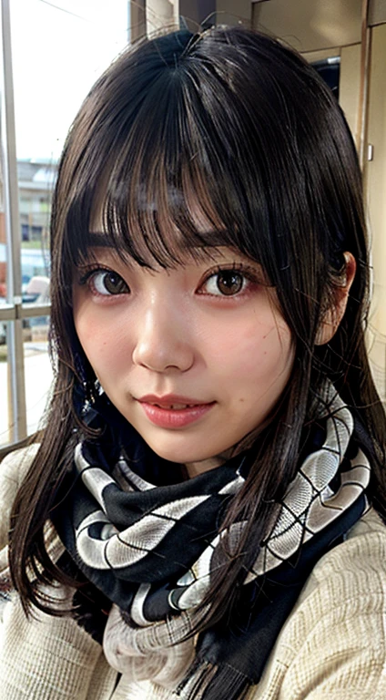 ((no makeup、close your eyes、close your mouth:1.2))、(realistic、Photoreal、Super detailed、best detailed skin、highest quality、masterpiece、ultra high resolution)、cute japanese woman、22 years old、high school girl、young girl、1 girl、have bangs、double eyelid、drooling eyes、Japanese style face、purity、double teeth、realistic肌タイプ、thick muffler、Gray muffler、fluffy hair、((There'hair in scarf:1.3))、red cheeks、The wind is blowing、night、illumination、light comes from behind、close your eyes微笑む、sexy