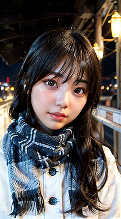 ((no makeup、close your eyes、close your mouth:1.2))、(realistic、Photoreal、Super detailed、best detailed skin、highest quality、masterpiece、ultra high resolution)、cute japanese woman、22 years old、high school girl、young girl、1 girl、have bangs、double eyelid、drooling eyes、Japanese style face、purity、double teeth、realistic肌タイプ、thick muffler、Gray muffler、fluffy hair、((There&#39;hair in scarf:1.3))、red cheeks、The wind is blowing、night、illumination、light comes from behind、close your eyes微笑む、sexy
