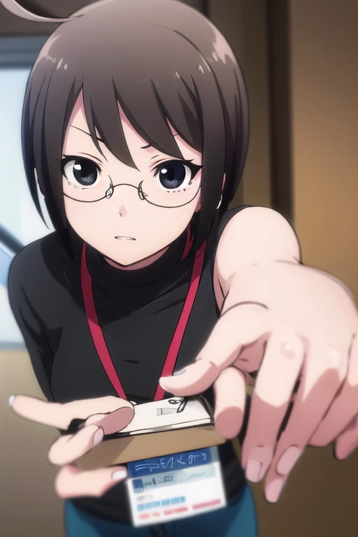 lucyyamagami, lucy yamagami, short hair, black hair, (black eyes:1.5), ahoge, glasses,
BREAK pants, sweater, turtleneck, id card, lanyard,
BREAK indoors, office,
BREAK looking at viewer, (cowboy shot:1.5),
BREAK (masterpiece:1.2), best quality, high resolution, unity 8k wallpaper, (illustration:0.8), (beautiful detailed eyes:1.6), extremely detailed face, perfect lighting, extremely detailed CG, (perfect hands, perfect anatomy),