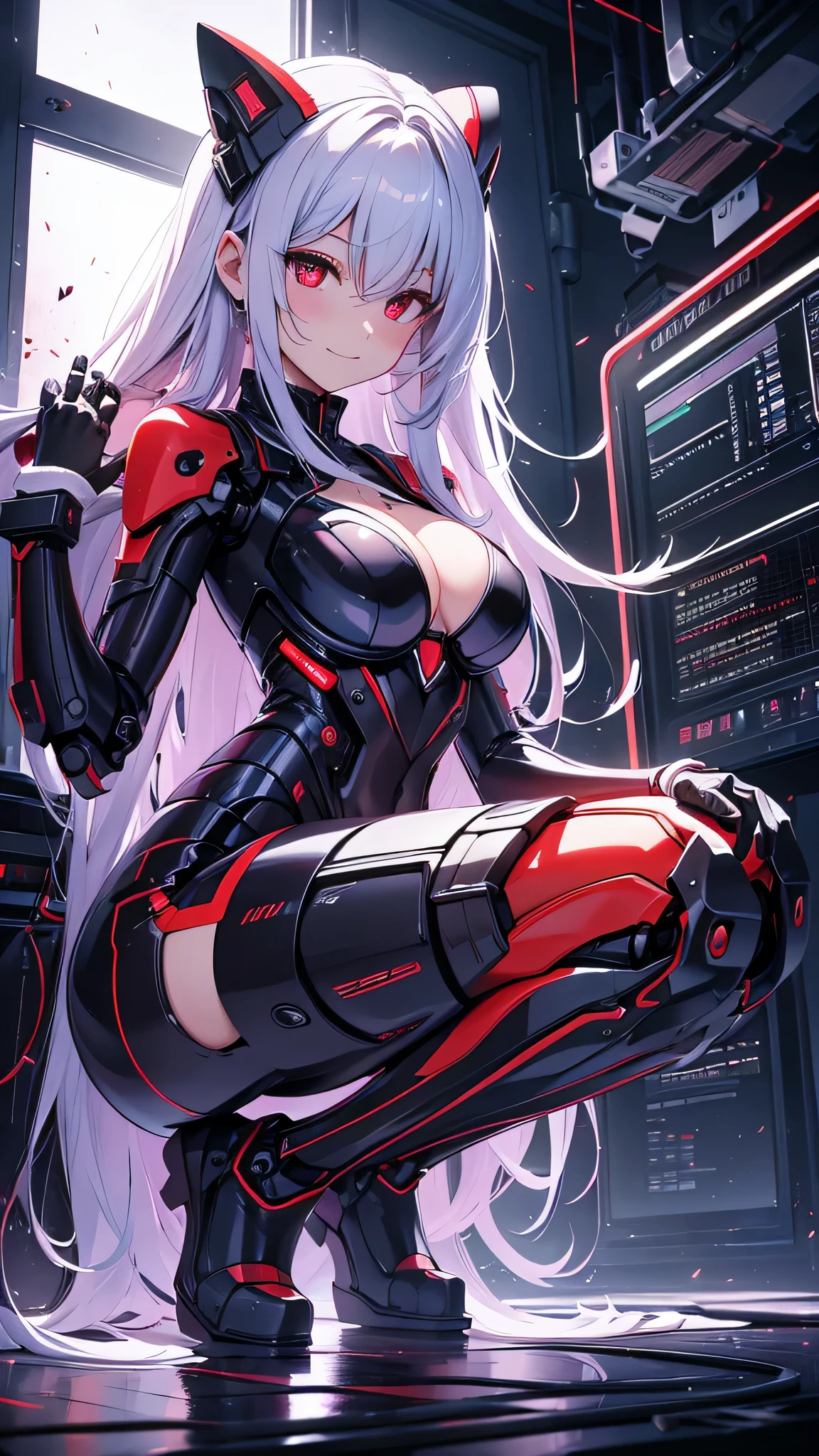 最high quality、best image quality、masterpiece、android girl((18-year-old、 By becoming、vest bust、medium bust,wide open breast tea、red glowing eyes, water hair、messy hair、long hair、thin,highest valley、white robot body、shining blue body、Close ~ eyes、All connected to cables、Show the whole body、robot arm、robot feet、villain、evil smile、squat、turn your butt)),high quality、beautiful art、background((dark bio facility、dark room、Infrared Sensor、red lighting))、Flight、debris flies、Depth of written boundary、movie、visual art、perfect art、8K,genuine、