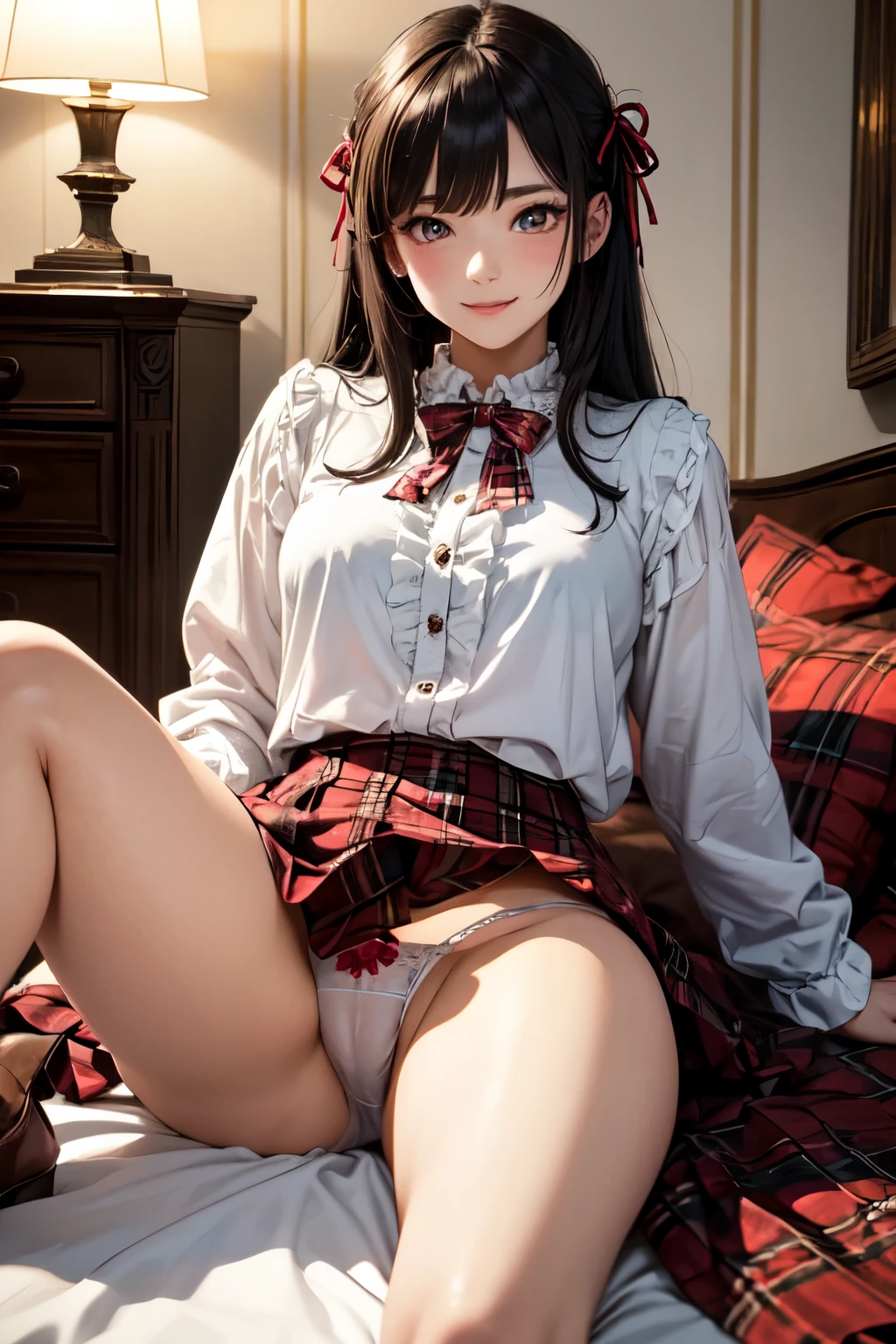 very cute and beautiful girl,(highly detailed beautiful face and eyes),(smile),blush,looking at viewer,
(white blouse with detailed frills),long sleeve BREAK sitting on white bed sheet,spread legs,(white panties),
hair ribbon,black hair,(scarlet plaid mini skirt)
 BREAK antique bed room,victorian gorgeous furnitures,
(best quality,masterpiece:1.0),absurdres,highres,ultra-detailed,extremely detailed,32k,8k resolution,
intricate details,cinematic scene,detailed background,solo,dynamic angle,