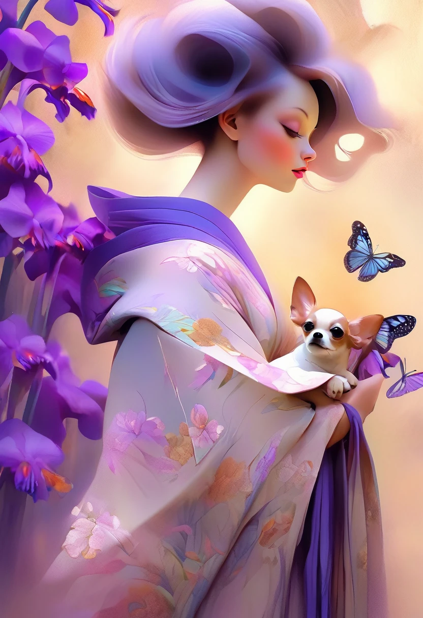 A beautiful woman in a kimono decorated with iris flowers stands like a beautiful model、holding a small chihuahua in his arms,,whole body,Butterflies dance,Iris flowers on the background of the valley, background number 28,beautiful digital illustrations, Beautiful artwork illustration, amazing digital illustrations, beautiful digital artwork, Works that influenced Anna Dittmann, amazing digital art, exquisite digital illustration, In the style of Anna Dittmann, beautiful digital art, beautiful amazing digital art, very beautiful digital art, beautiful fantasy art