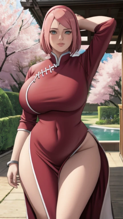 Chubby , thick, Curve, Realistic, Photorealistic,cowboy shot,masterpiece, absurdres, (colorful), 1girl, haruno sakura, forehead mark, red hairband, detailed chinesse mini dress, navel, groin, bracelet, looking at viewer, cherry blossoms, private garden, wind, floating hair, large breast, (((wide hips))), toned body, detailed eyes, dynamic pose, full body