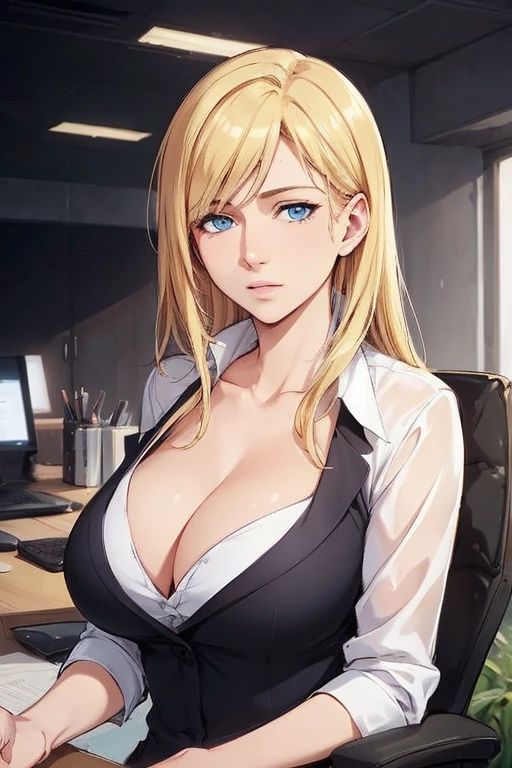 (best quality, highres), portrait, elegant mature woman, blue eyes, long hair, swept-side bang, [[brown hair]], (blonde hair), ultra detailed cg 8k, beautiful, high resolution 8k
