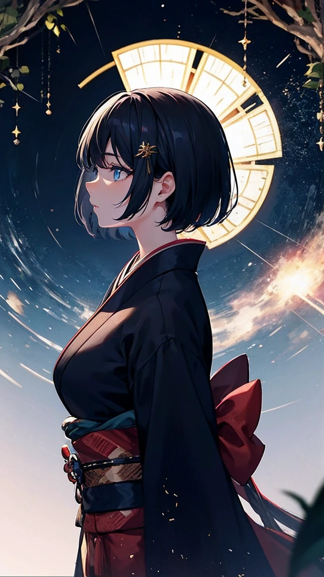 The scene captures a masterpiece of the highest quality, featuring a beautiful girl with black and navy hair, finely sculpted facial features, blue eyes, and fair skin, dressed in a traditional Japanese kimono. Her eyes sparkle in the darkness of the night, surrounded by an enchanting light reminiscent of a fresco painting, as she is on the verge of kissing a short-haired boy with red eyes, also with black hair, in a side profile shot amidst the forest.