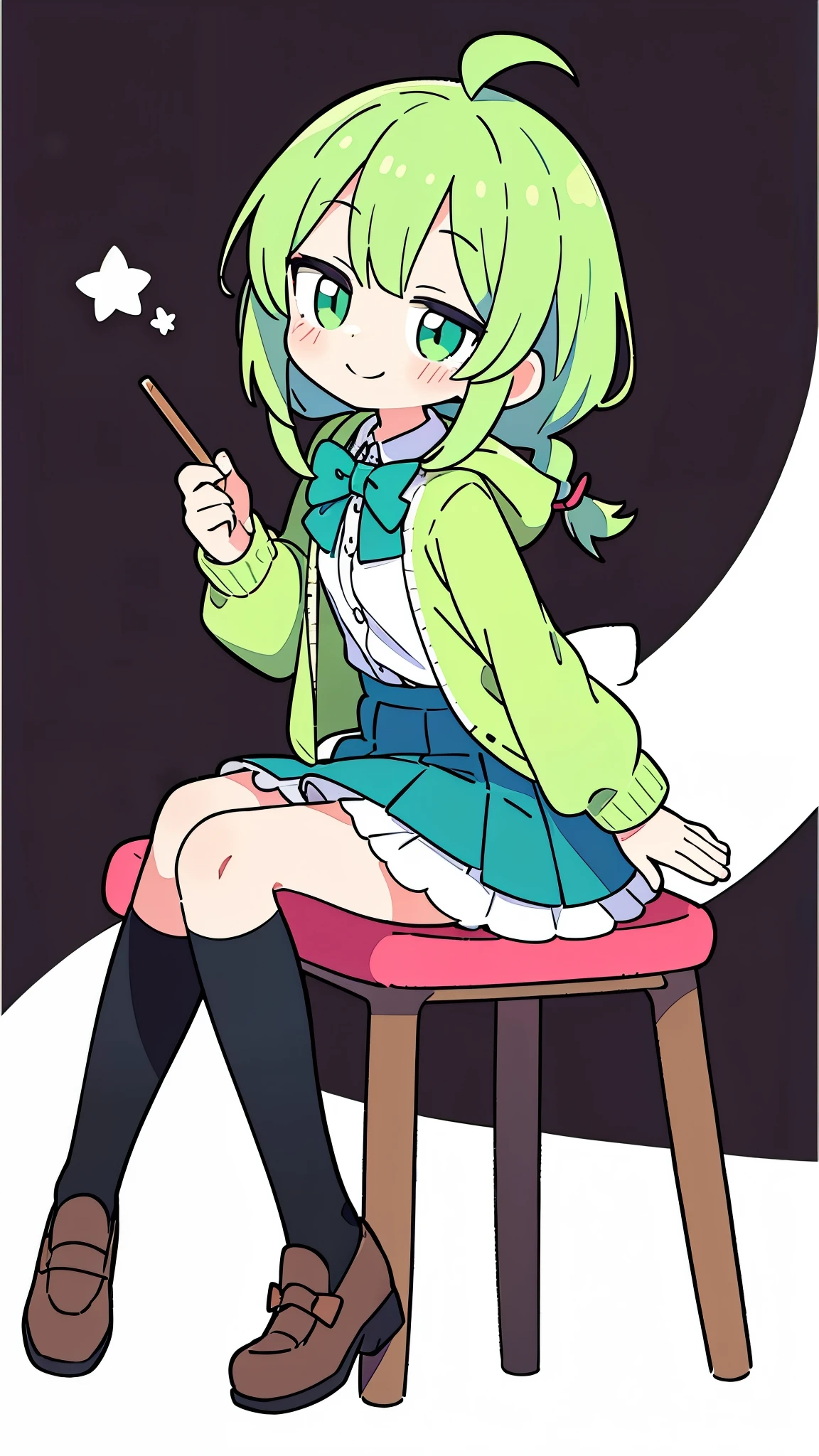 high resolution 1girl ahoge bobby_pin bow bowtie braid brown_目s collared_shirt dojikko_stop temporarily_shirt frilled_shirt_color free joint_skirt frills, hairpin,decorative hood, jacket, green hair, Ribbon check pleated skirt, スカートshirt, shoelaces shoes simple_Background Smile Sitting on a Chair Looking Back Skirt Solo Braid,Background Light Green, white stockings, whole body