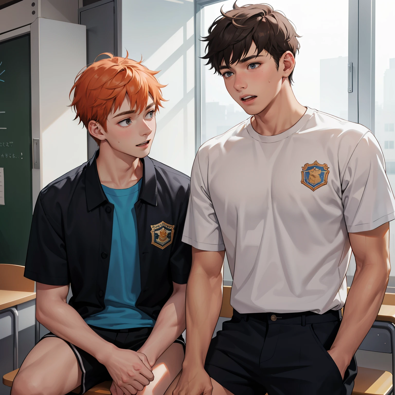 Two 15-year-old orange-haired teenage friends chatting at school share the secret that they are almost brother friends.... (usar los mismo personajes)