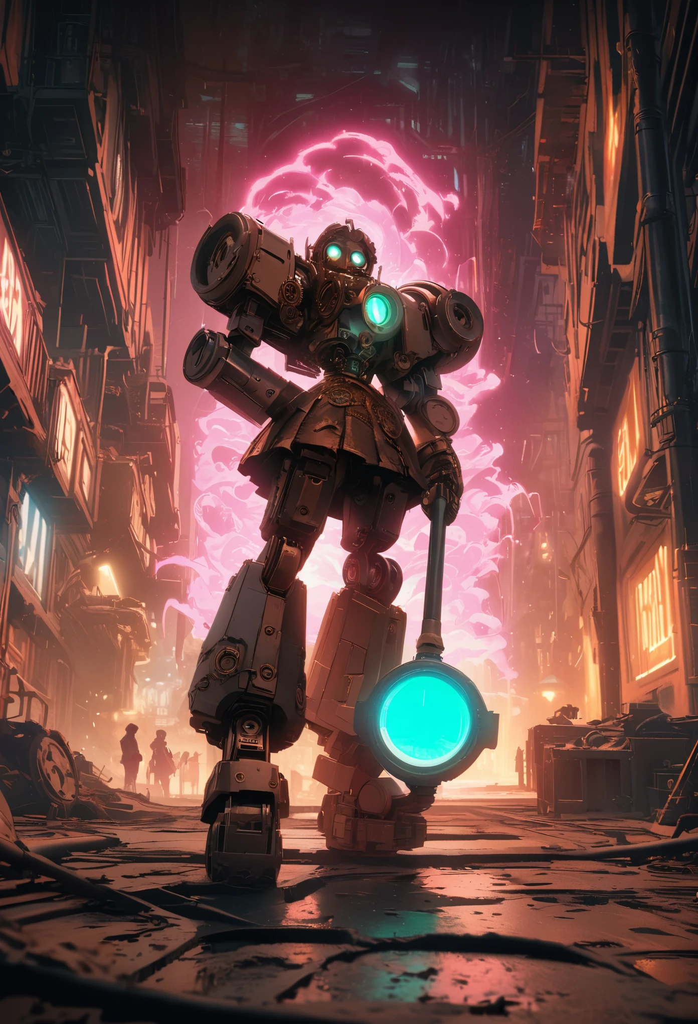 Steampunk,JK school uniform girl,Holding a huge mechanical sledgehammer,Beautiful,Glowing special effects,celluloid style,Flat coating,HD,CG art,comics,8K,looking into camera,high quality,illustration,Vaporwave style,rim light,movie lighting,Super detailed,complex,OC renderer,cinematic perspective,high resolution