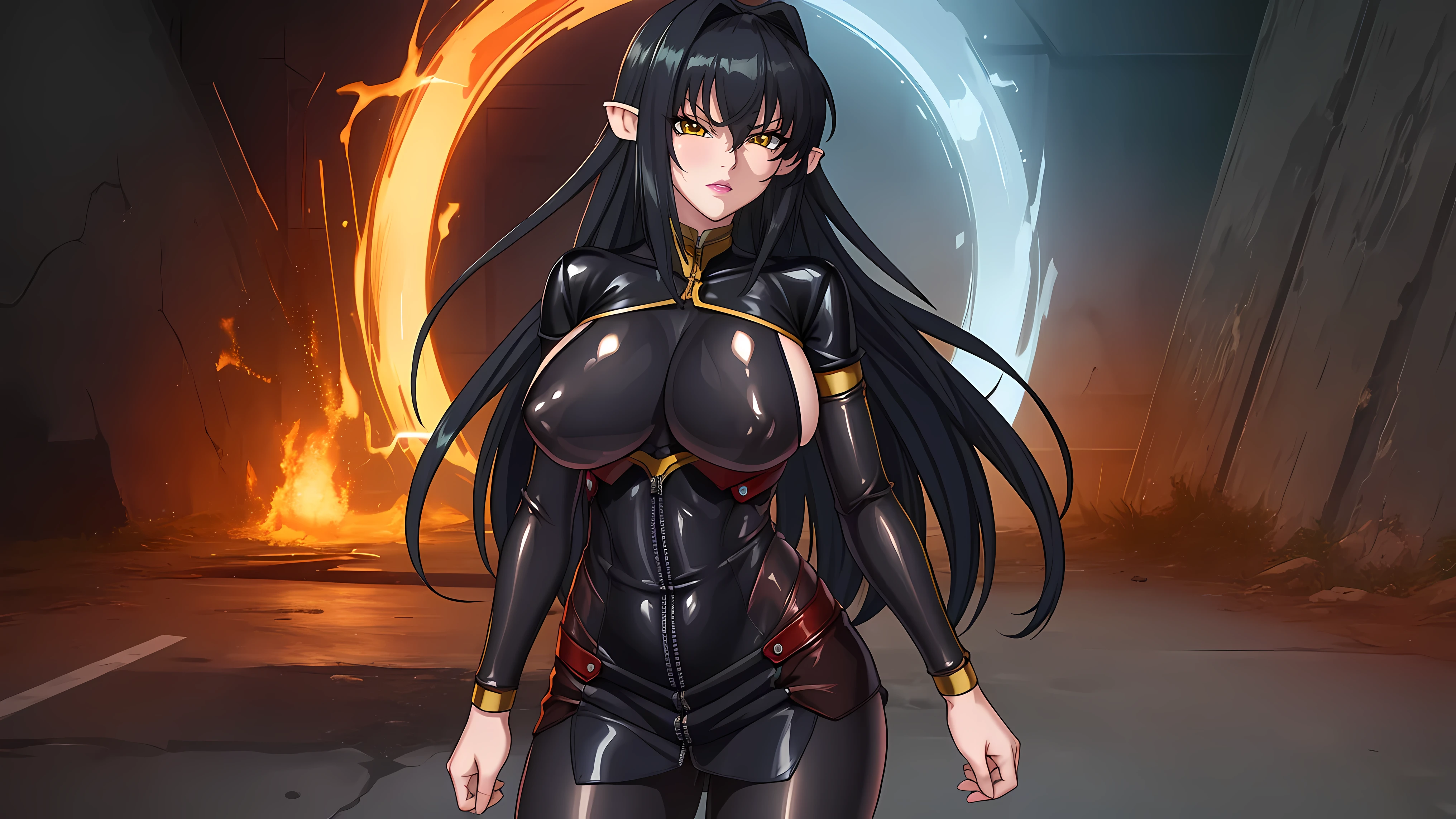 (ultra high quality:1.1), intricate details, cinematic lighting, sharp focus, extreme face details, perfect eyes, perfect lips,
Annerose, 1girl, solo, standing, cowboy shot,
looking at viewer, determined,
very long hair, hair intakes, black hair, pointy ears, yellow eyes, lip gloss, disgusted face,
(bodysuit:1.05), shiny clothes,
large breasts, (covered nipples:1.1), sideboob, beautiful scenery background, character in center, anime screenshot