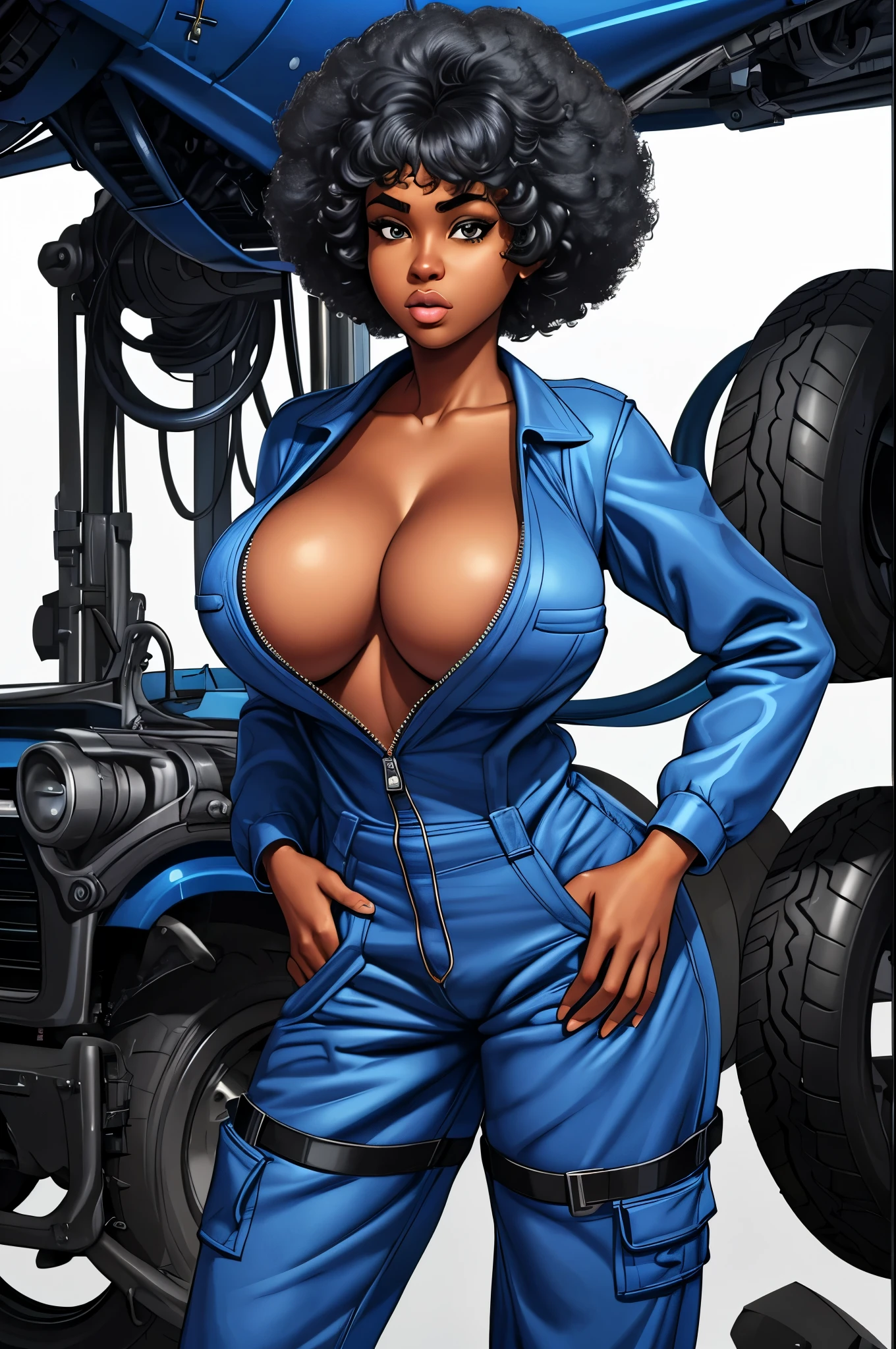 young black woman, afro, gorgeous mechanic, blank background, blue coverall, cleavage, no shirt, sfw
